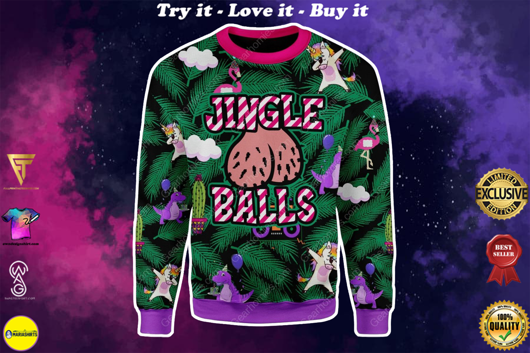 jingle ball ugly unicorn all over printed ugly christmas sweater