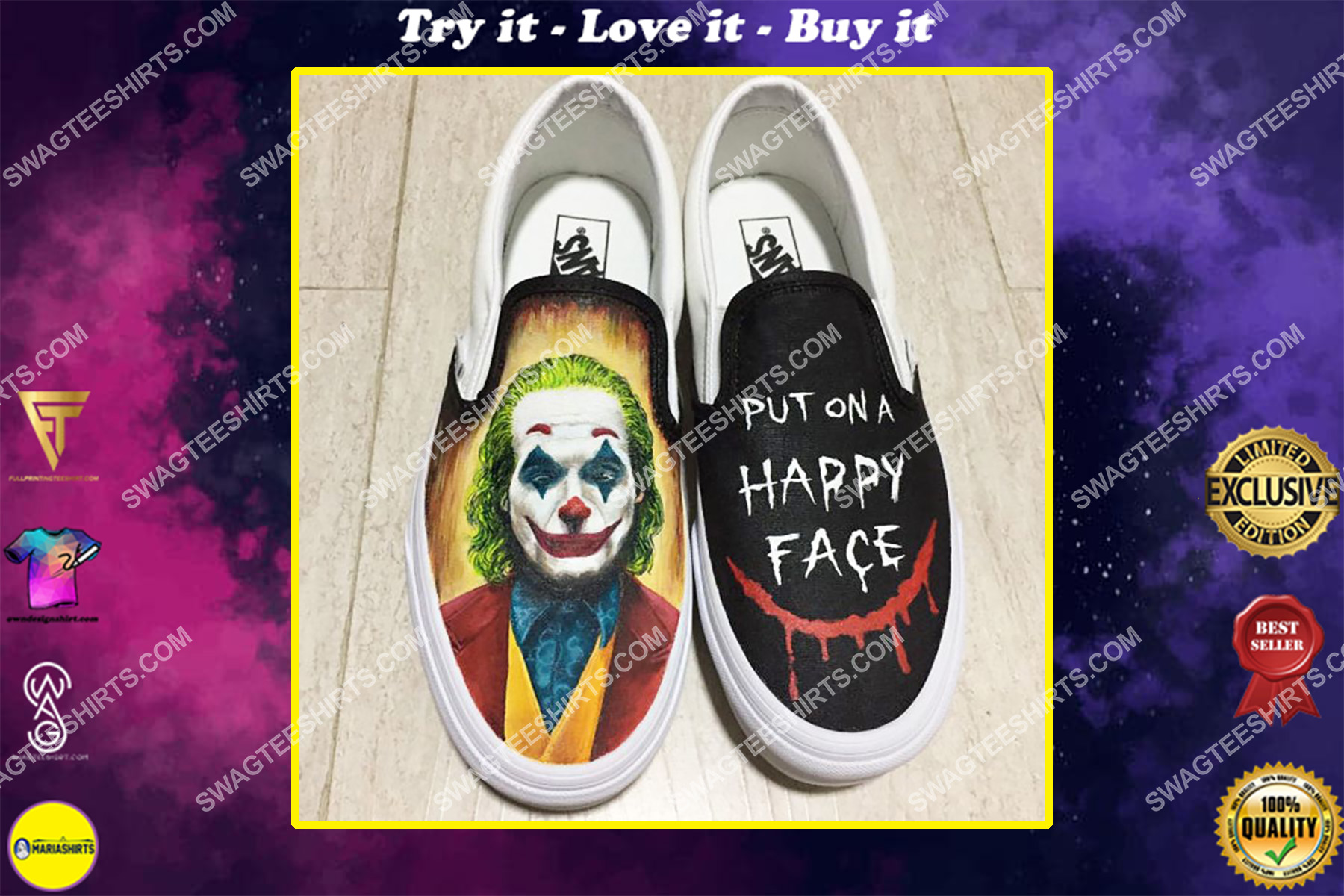 joker put on a happy face all over print slip on shoes