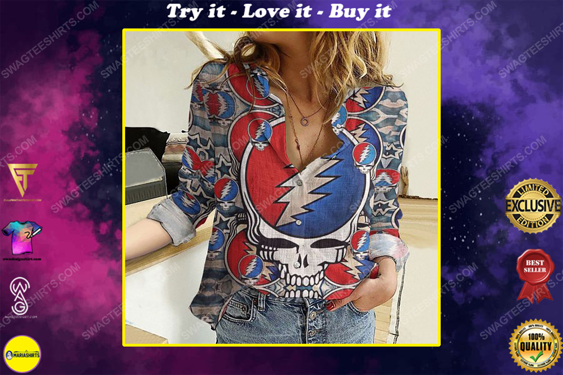 The grateful dead retro fully printed poly cotton casual shirt