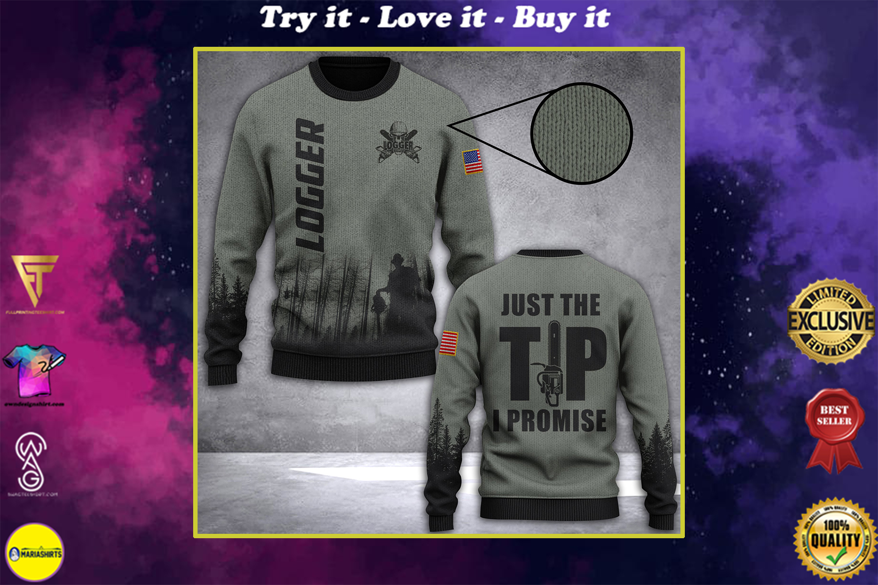 logger just the tip i promise all over print ugly christmas sweater
