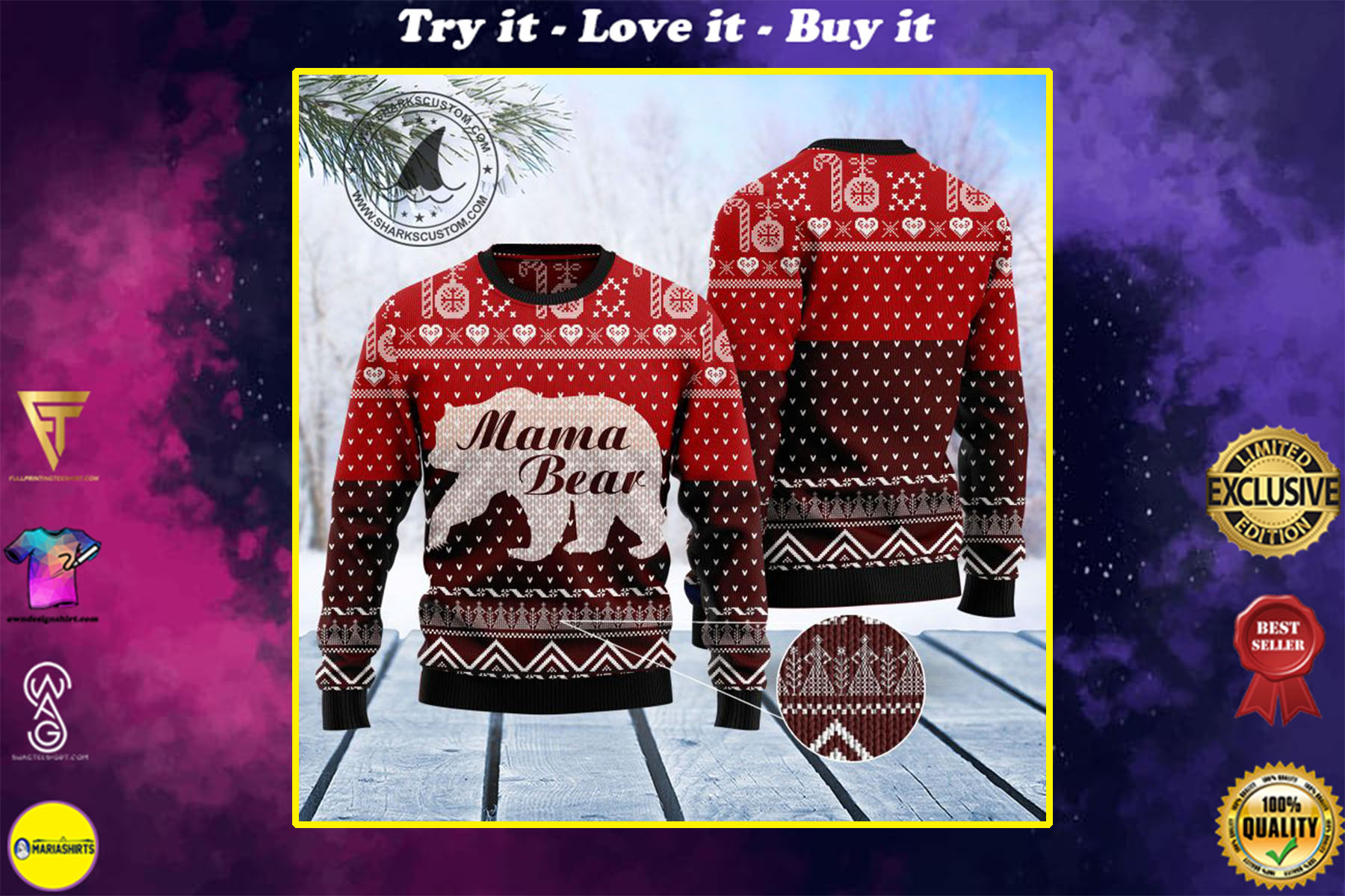 mama bear all over printed ugly christmas sweater