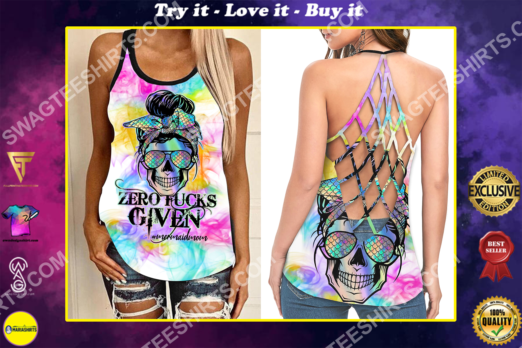 mermaid mom all over printed strappy back tank top