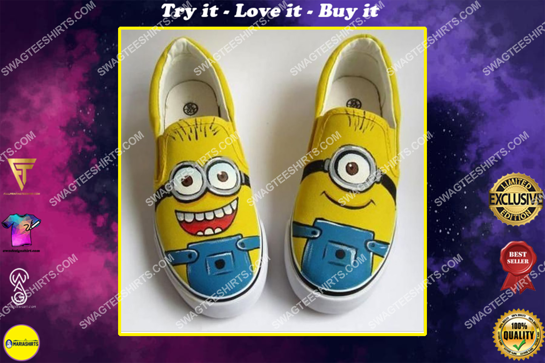 minions face all over print slip on shoes