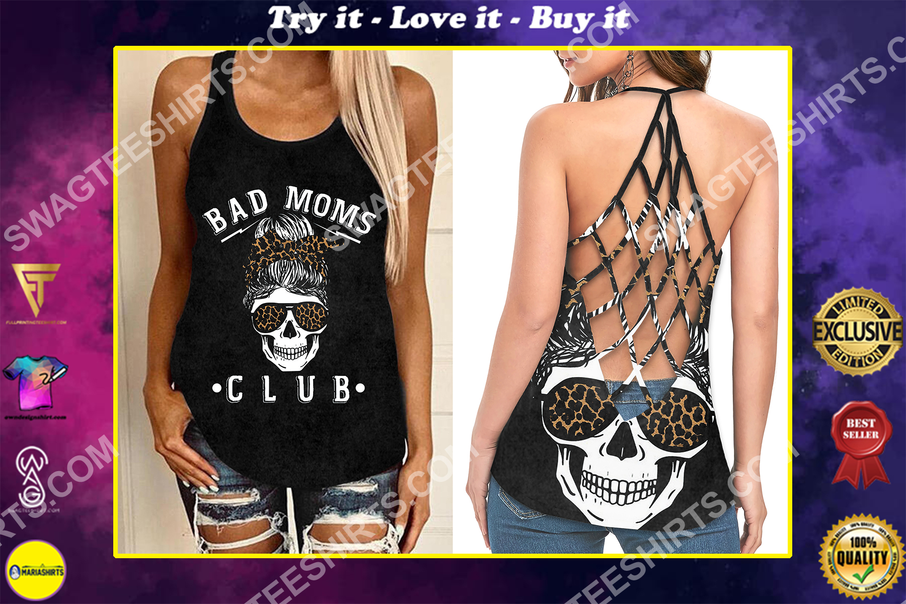 mothers day skull bad moms club strappy back tank top