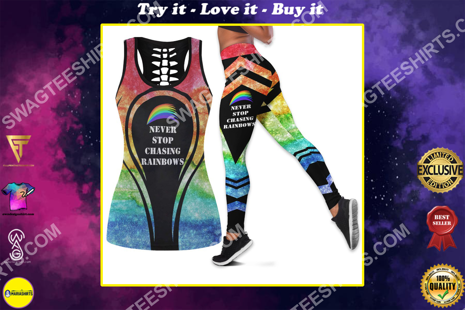 never stop chasing rainbows all over printed set sports outfit