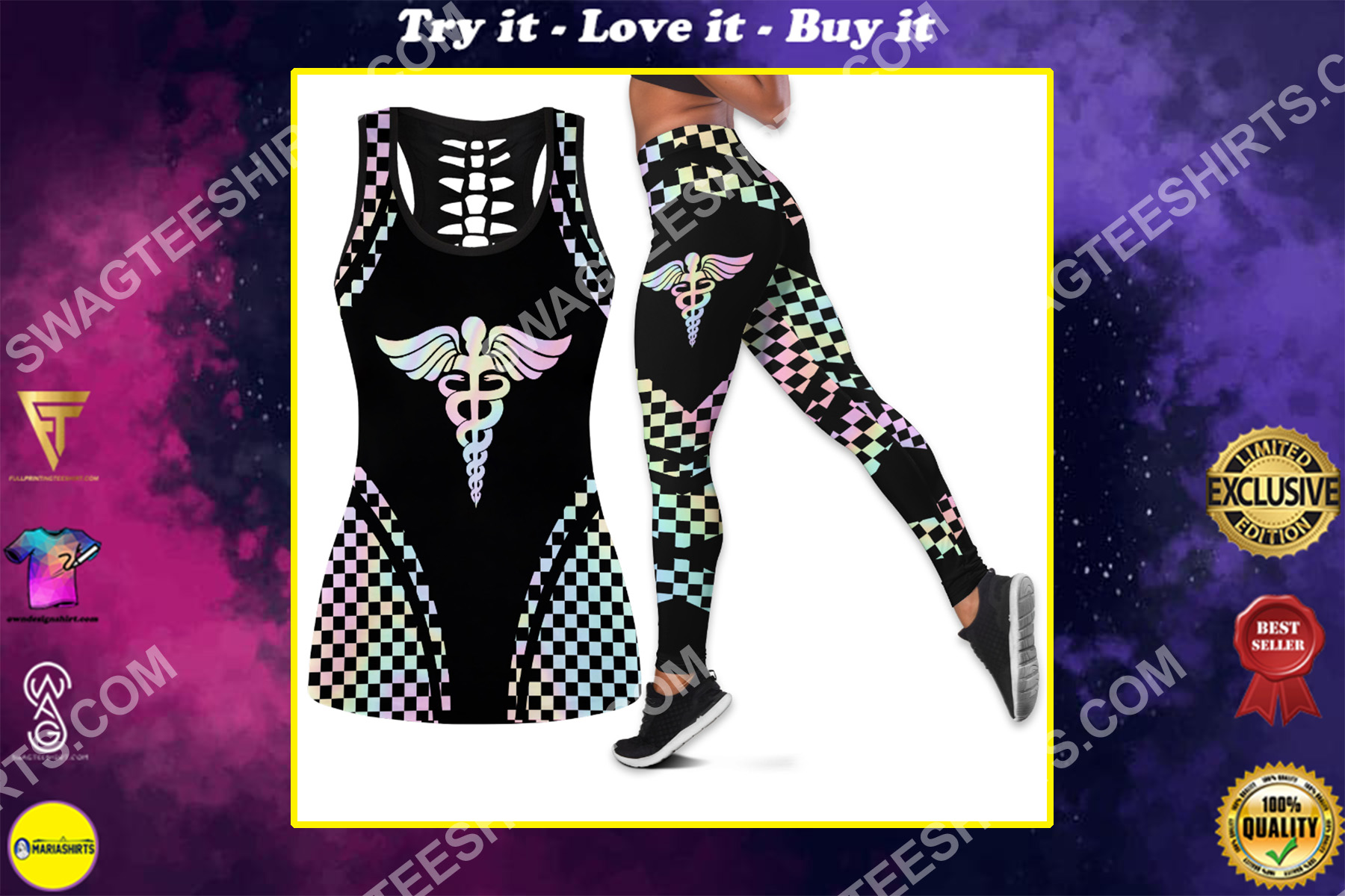 nurse hologram all over printed set sports outfit