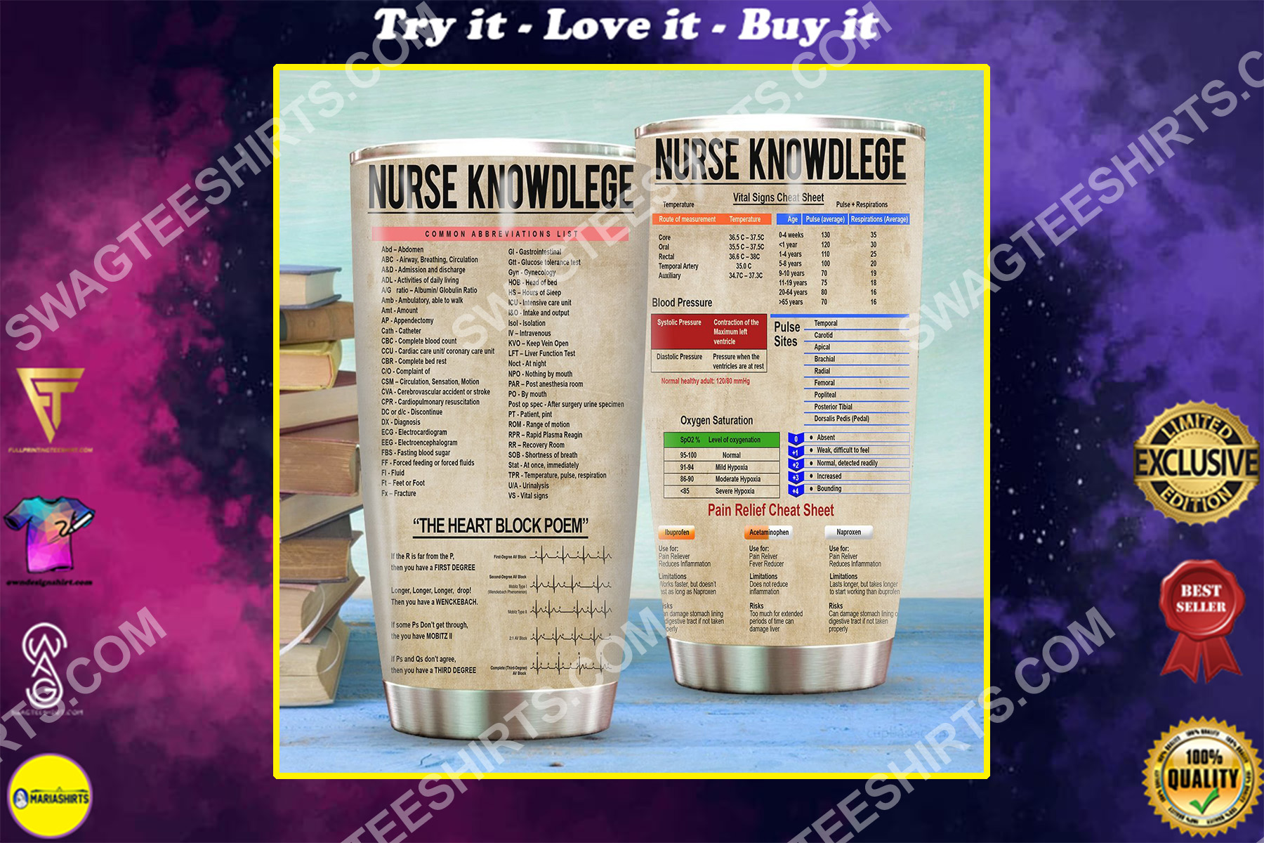 nurse knowledge all over printed stainless steel tumbler