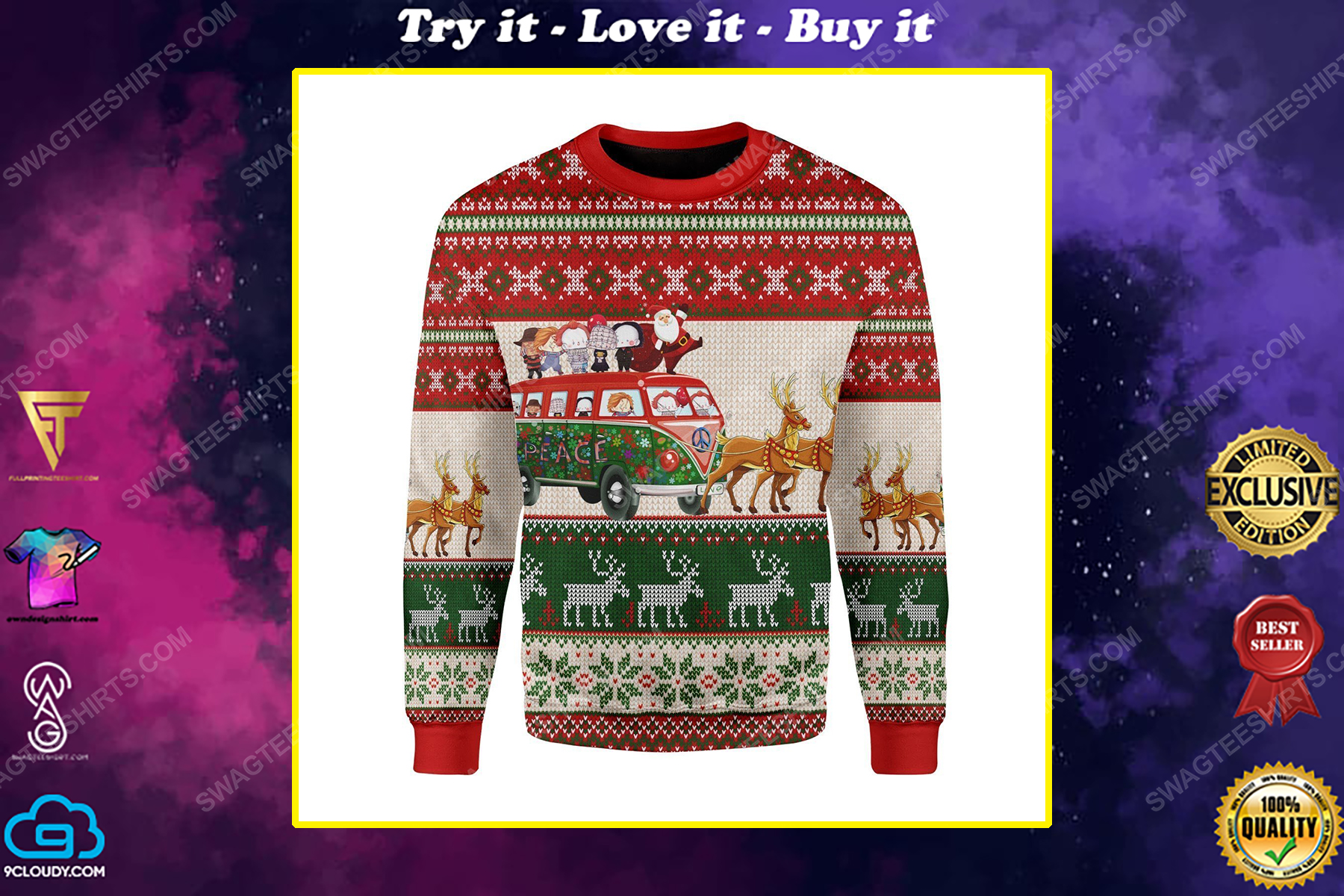 Santa with horror characters ugly christmas sweater