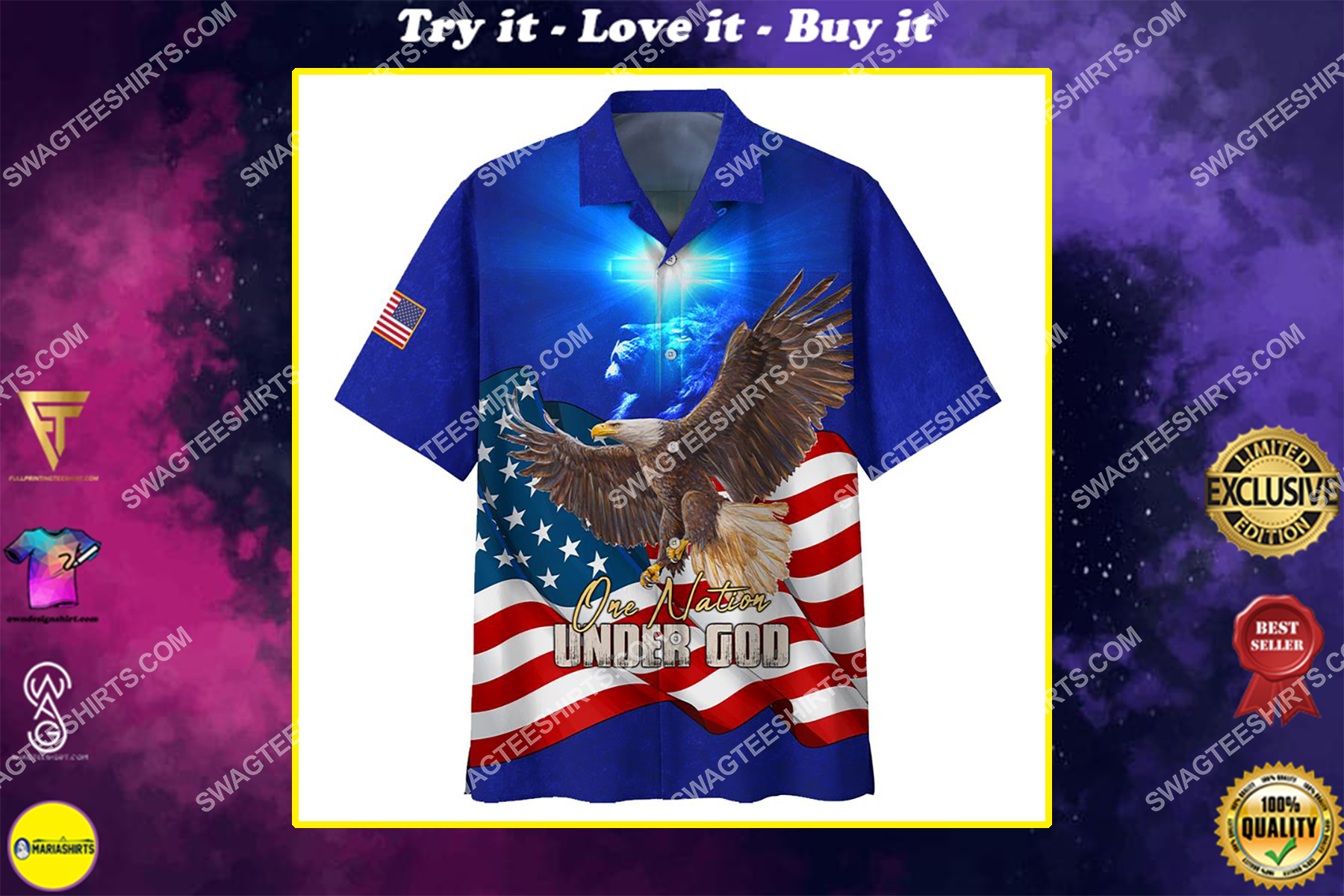 one nation under God all over printed hawaiian shirt