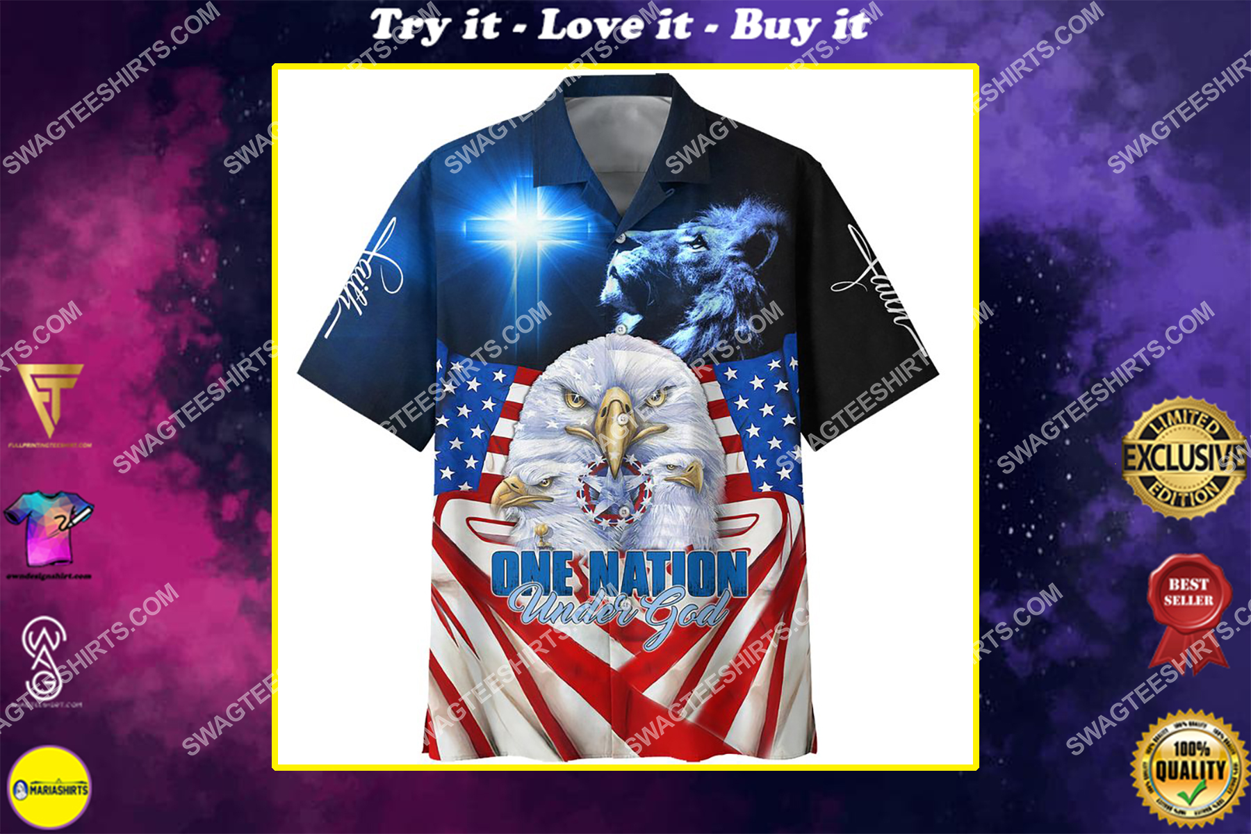 one nation under God and lion all over printed hawaiian shirt