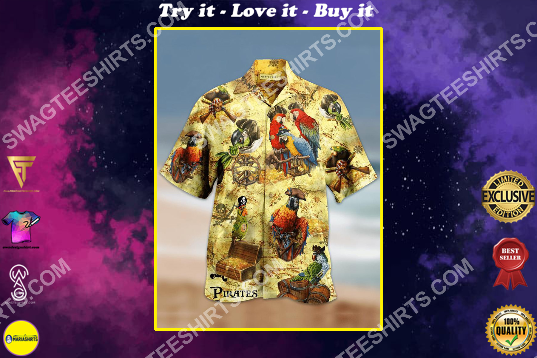 parrot and pirate map all over printing hawaiian shirt