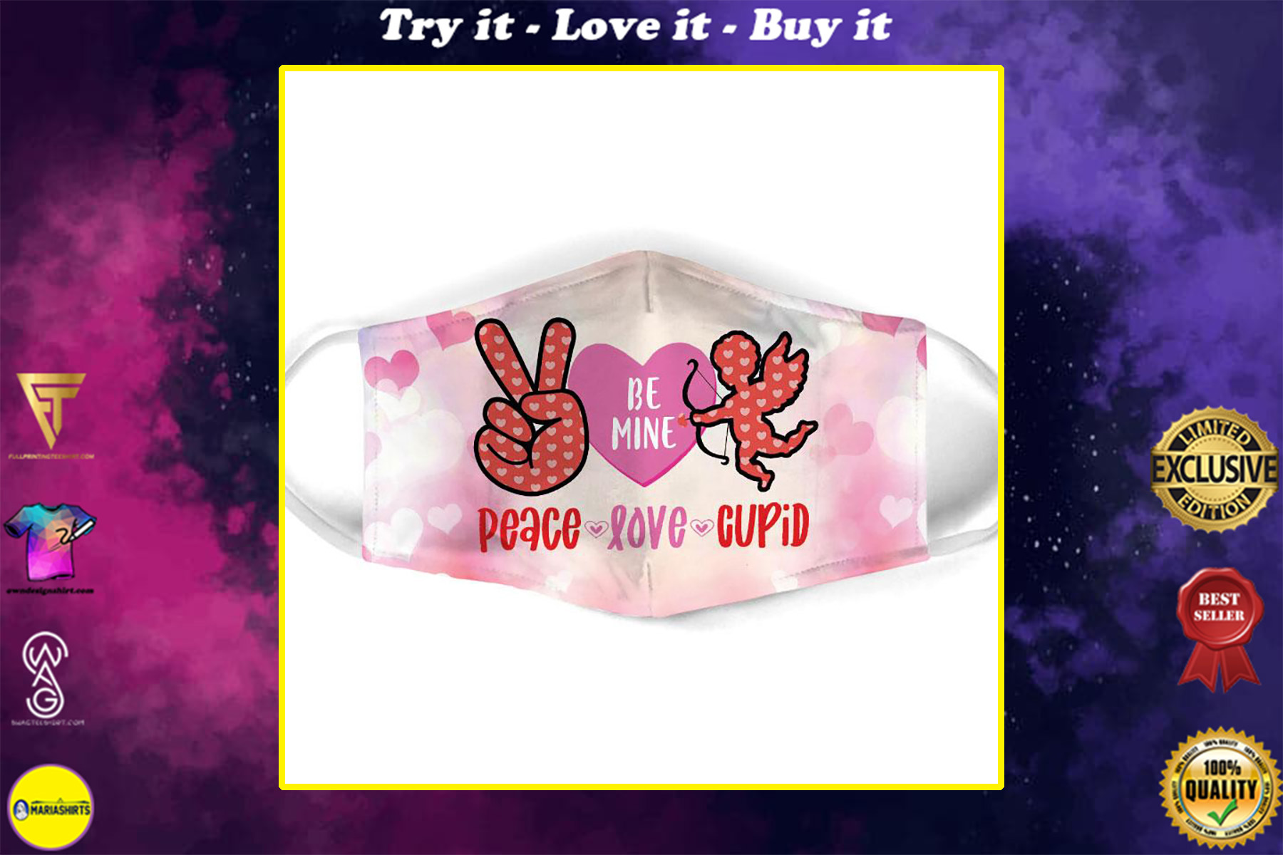 peace love cupid all over print face mask