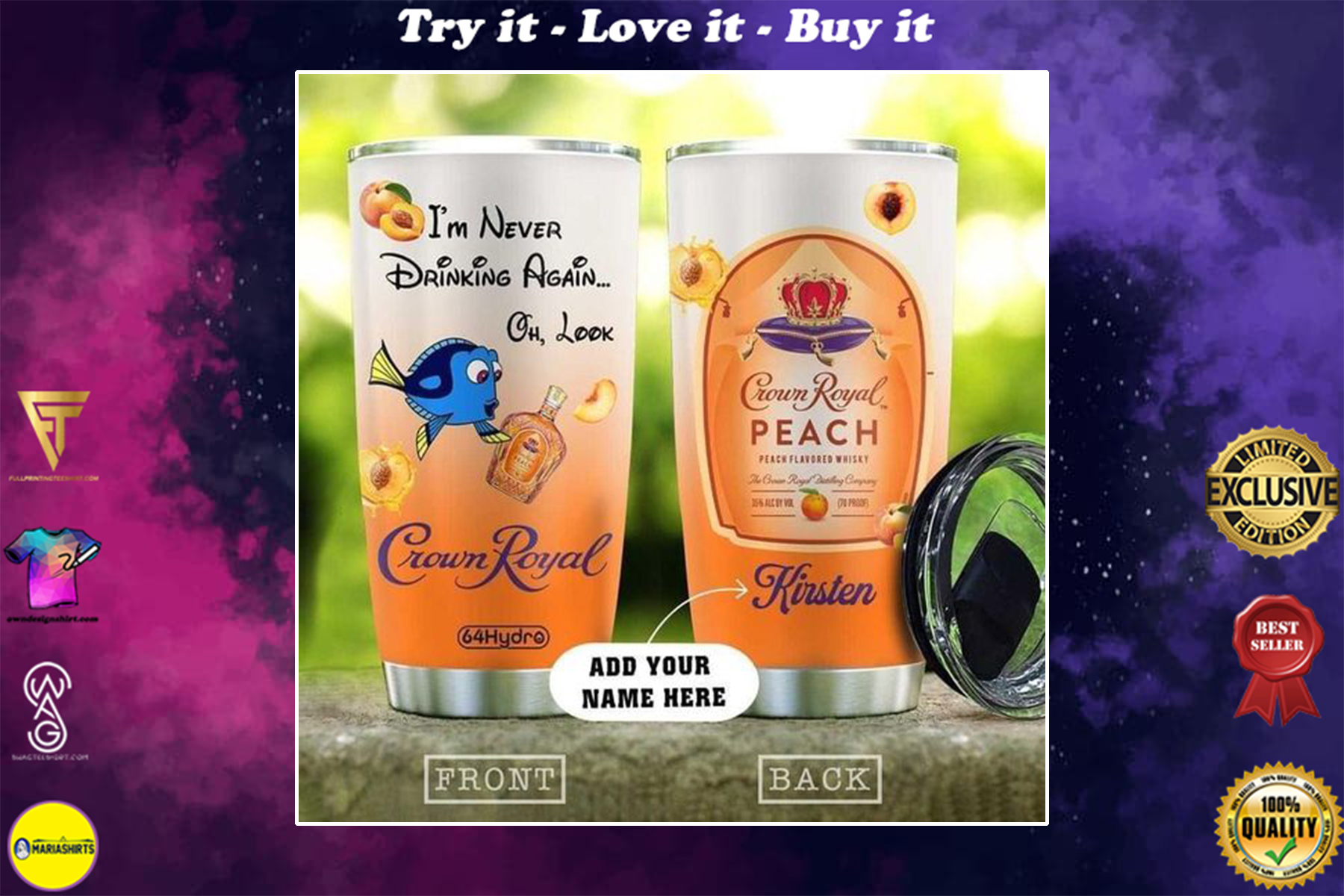 personalized name dory and crown royal peach flavored whiskey tumbler