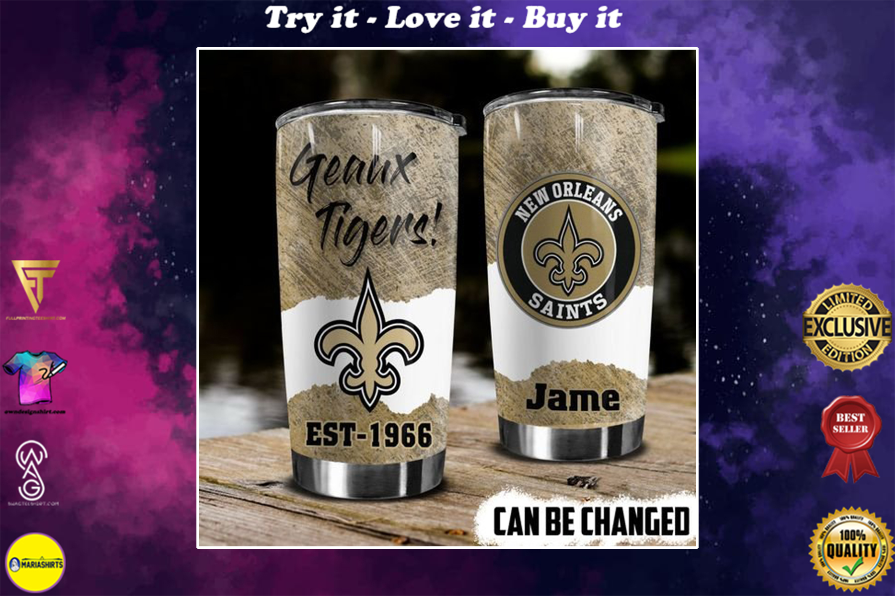 personalized name geaux tigers new orleans saints tumbler