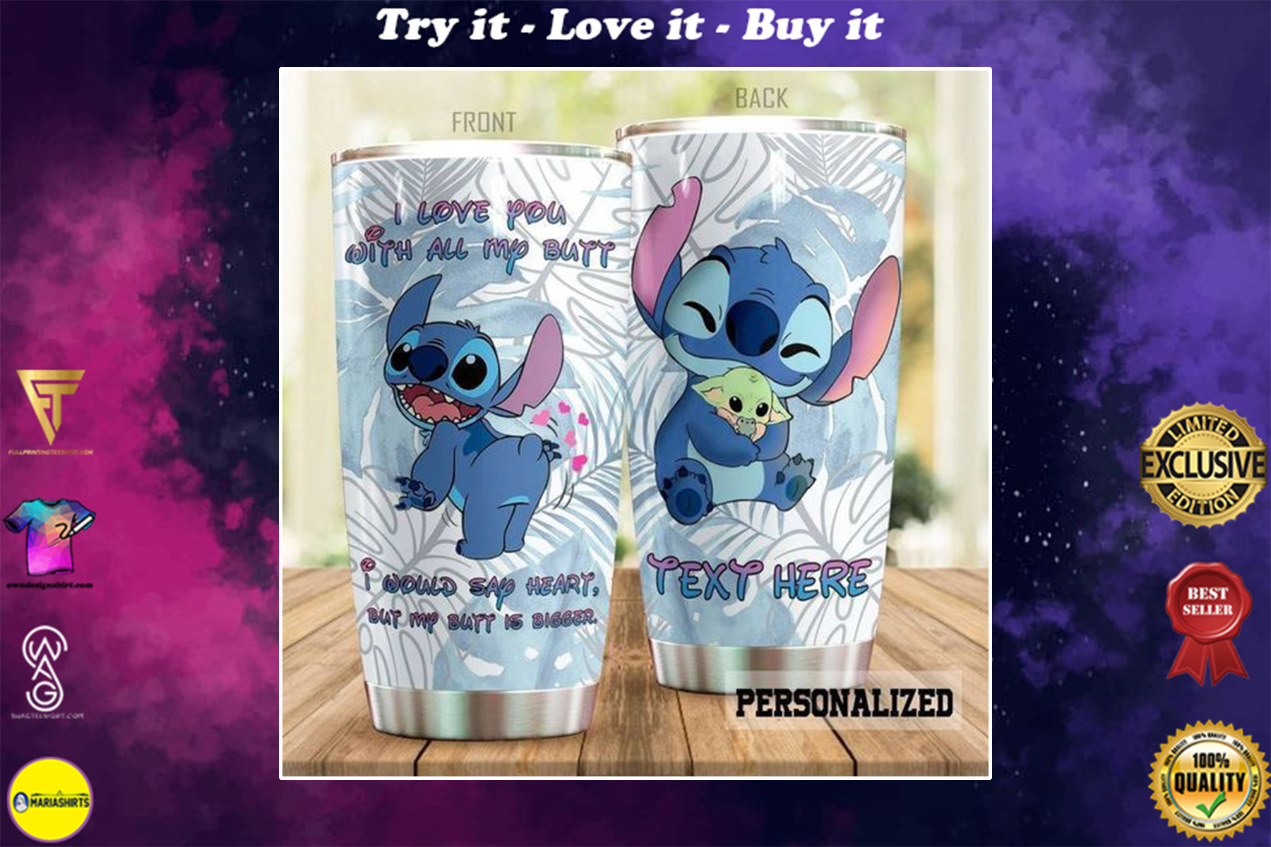 personalized name i love you with all my butt stitch tumbler
