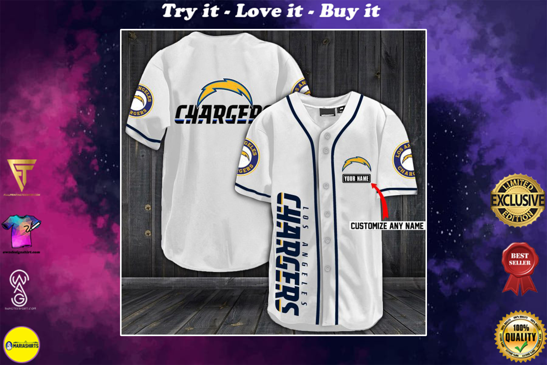 personalized name los angeles chargers full printing baseball shirt