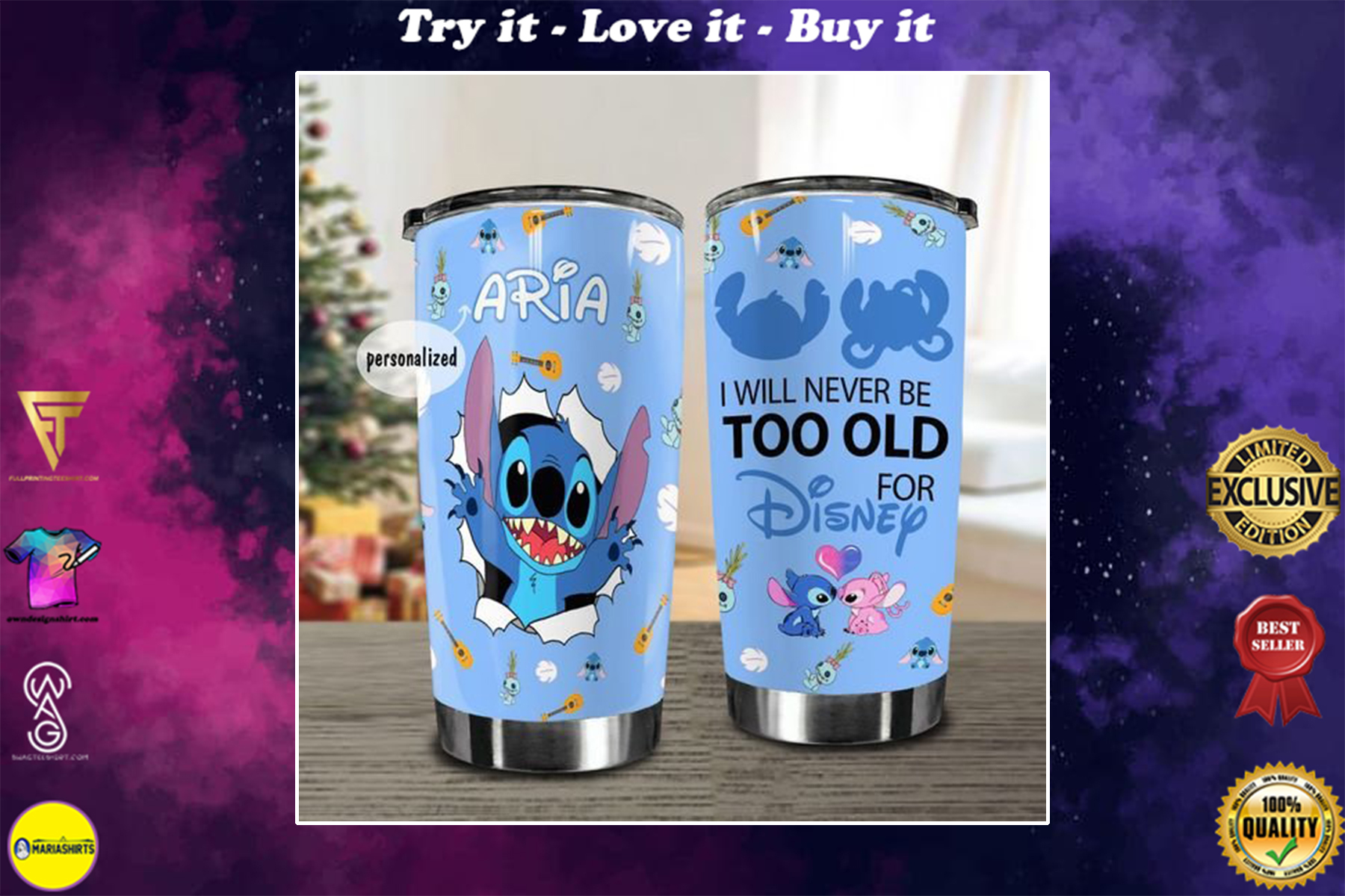personalized name stitch i will never be too old for disney tumbler