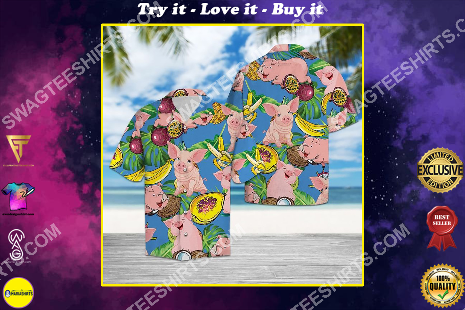 pig love fruit all over printed hawaiian shirt