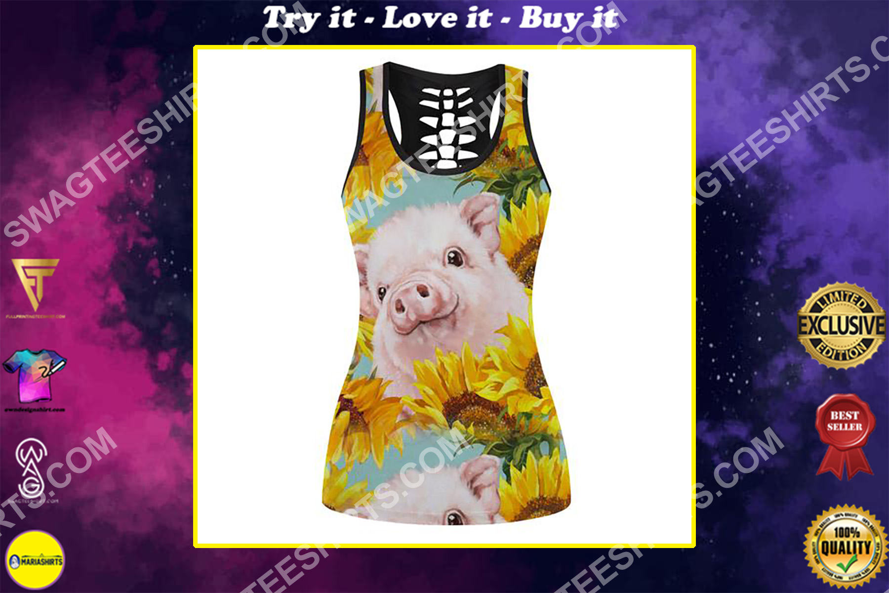 piggy and sunflower full printing hollow tank top
