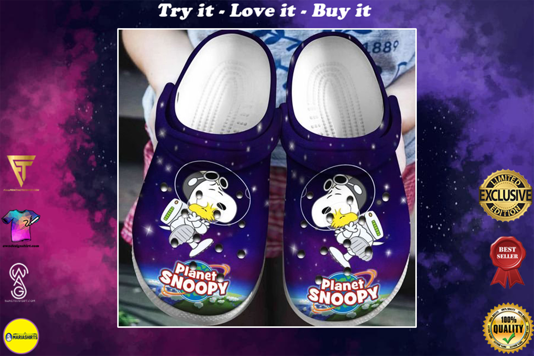 planet snoopy and woodstock in space crocband clog