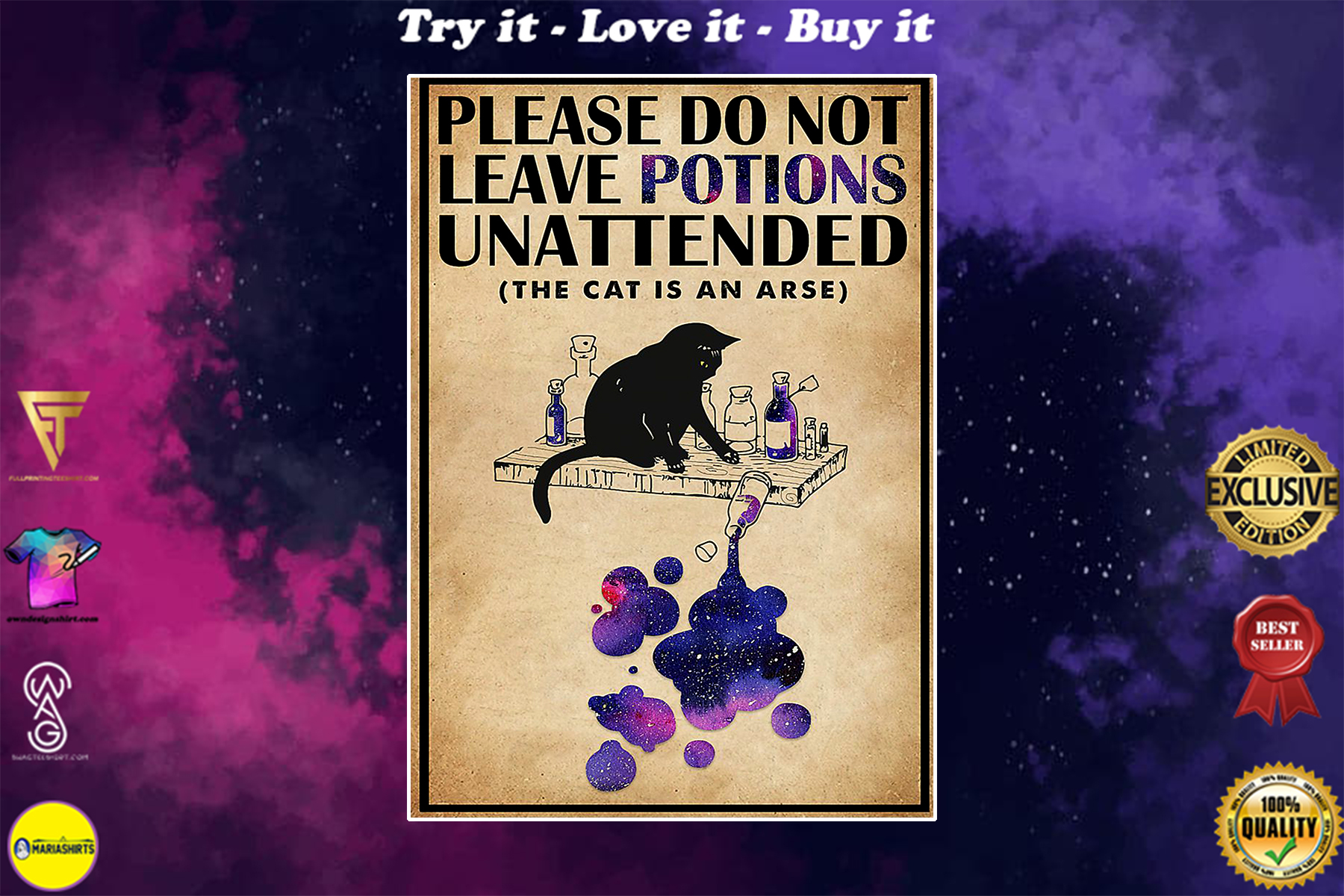 please do not leave potions unattended black cat vintage poster