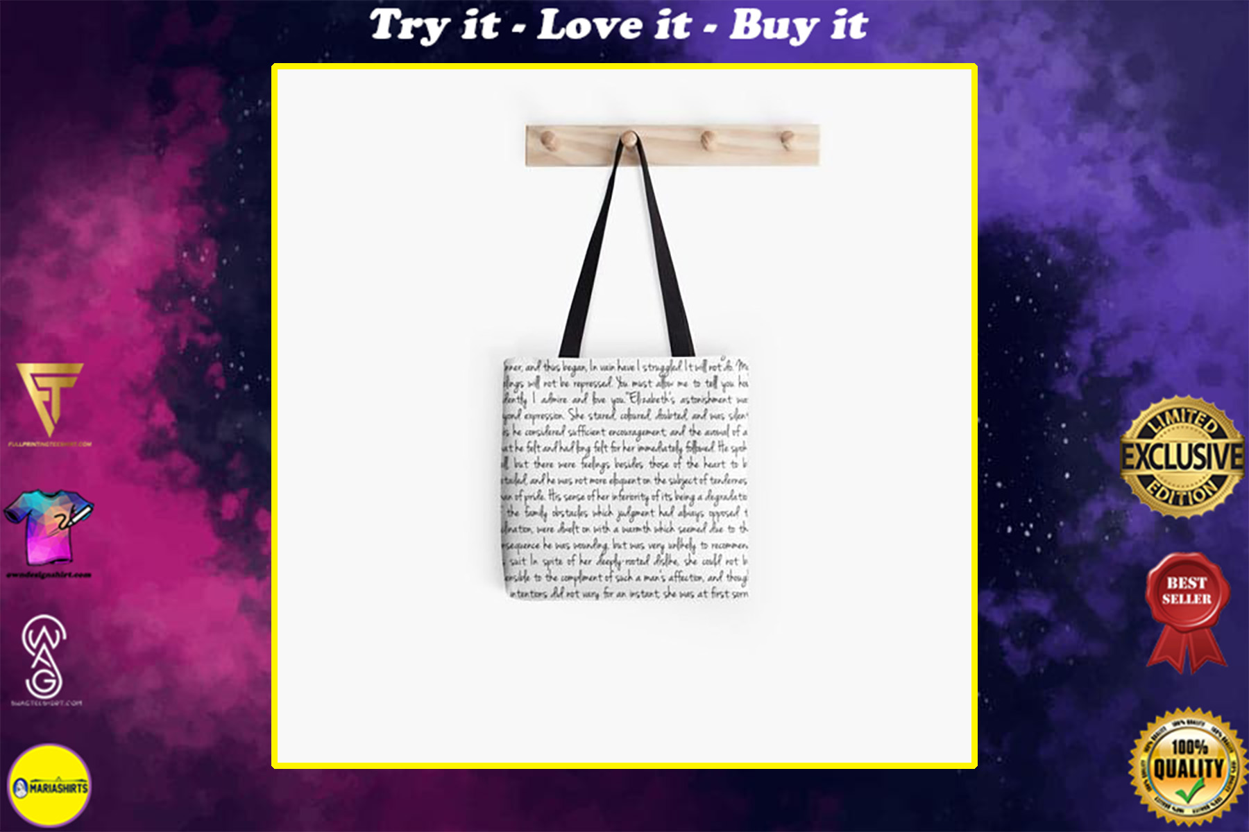 pride and prejudice text all over printed tote bag