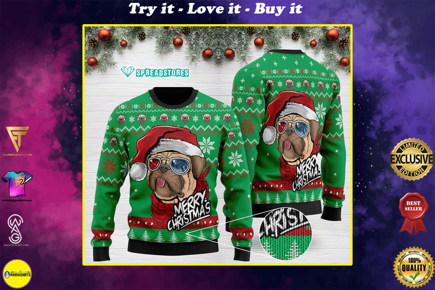 pug merry christmas all over printed ugly christmas sweater
