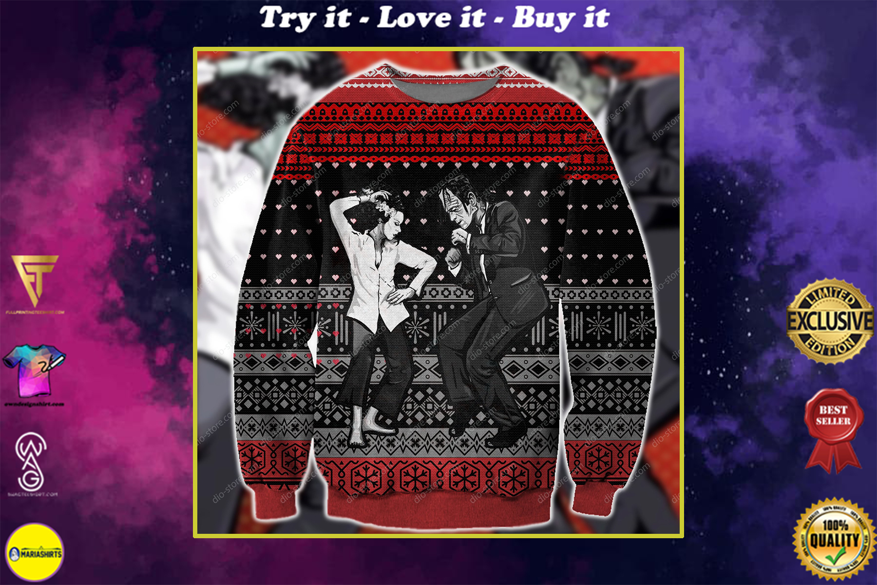 pulp fiction frankenstein dance ugly christmas sweater