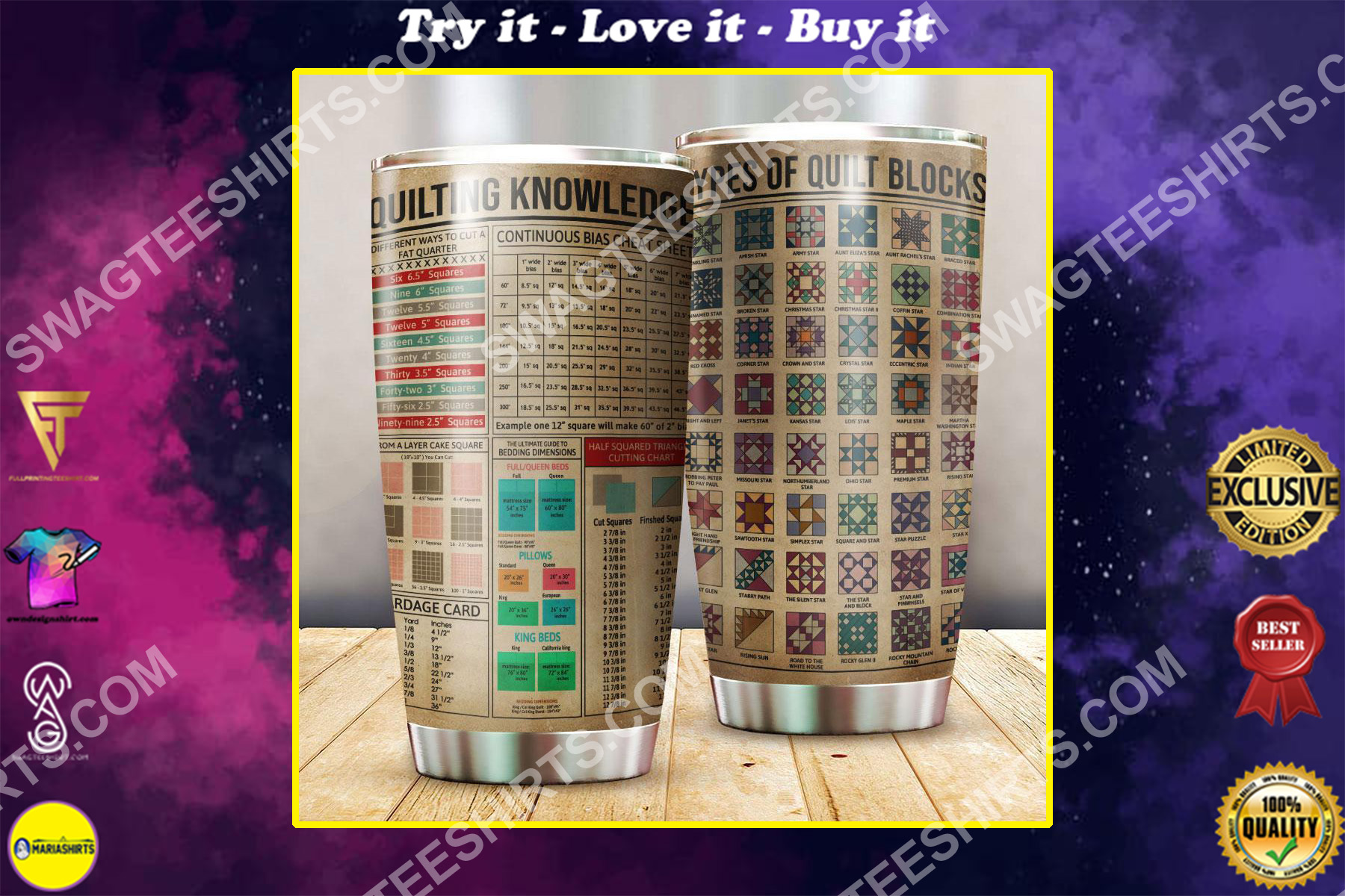 quilting knowledge all over printed stainless steel tumbler
