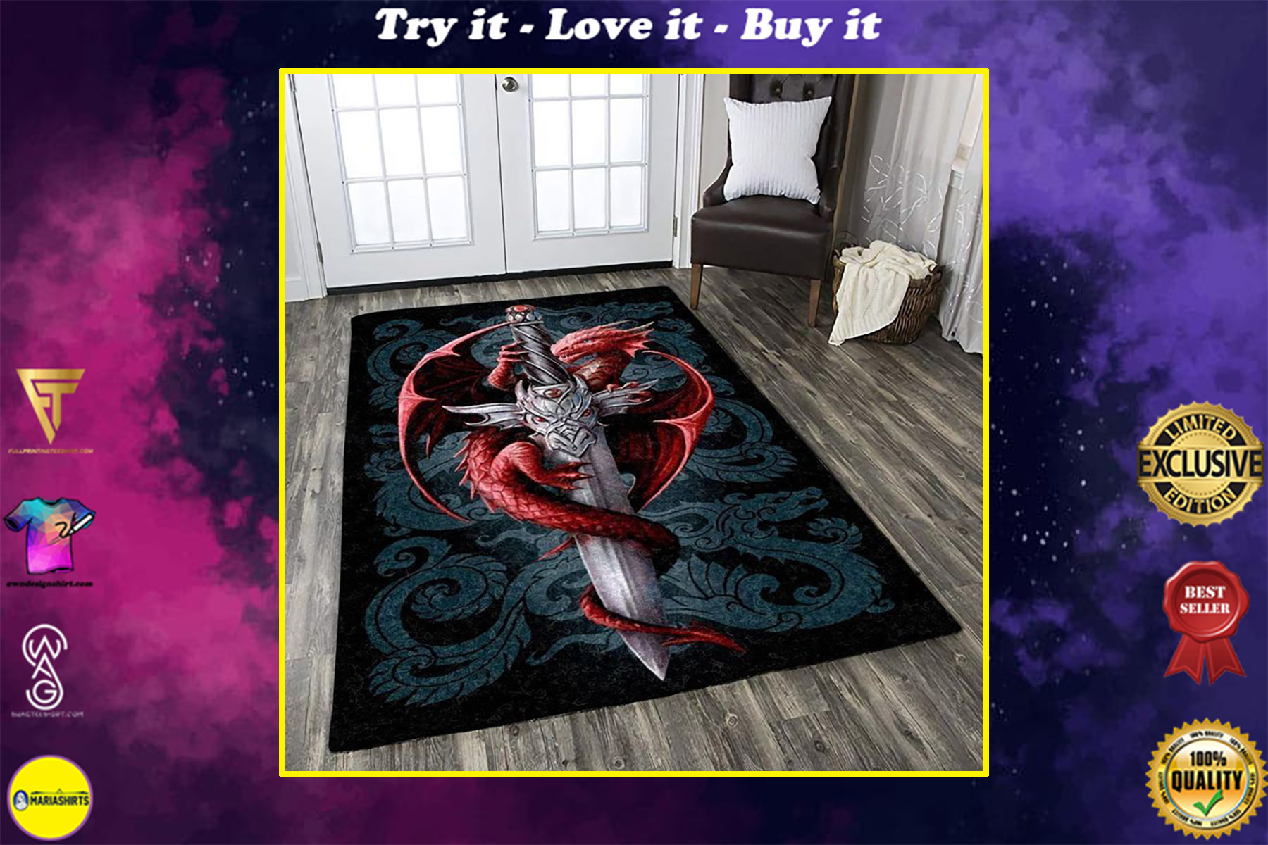 red dragon and sword all over printed rug
