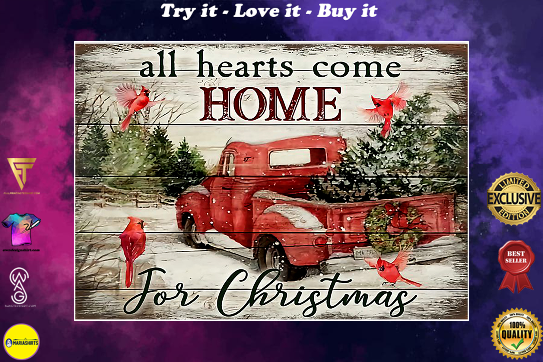 red truck and cardinal bird all hearts come home for christmas poster