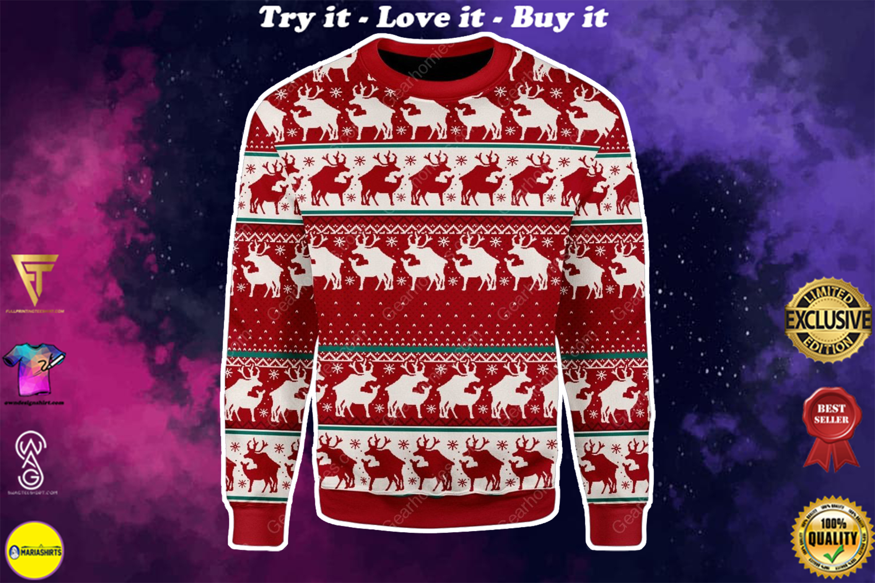 reindeer all over printed ugly christmas sweater
