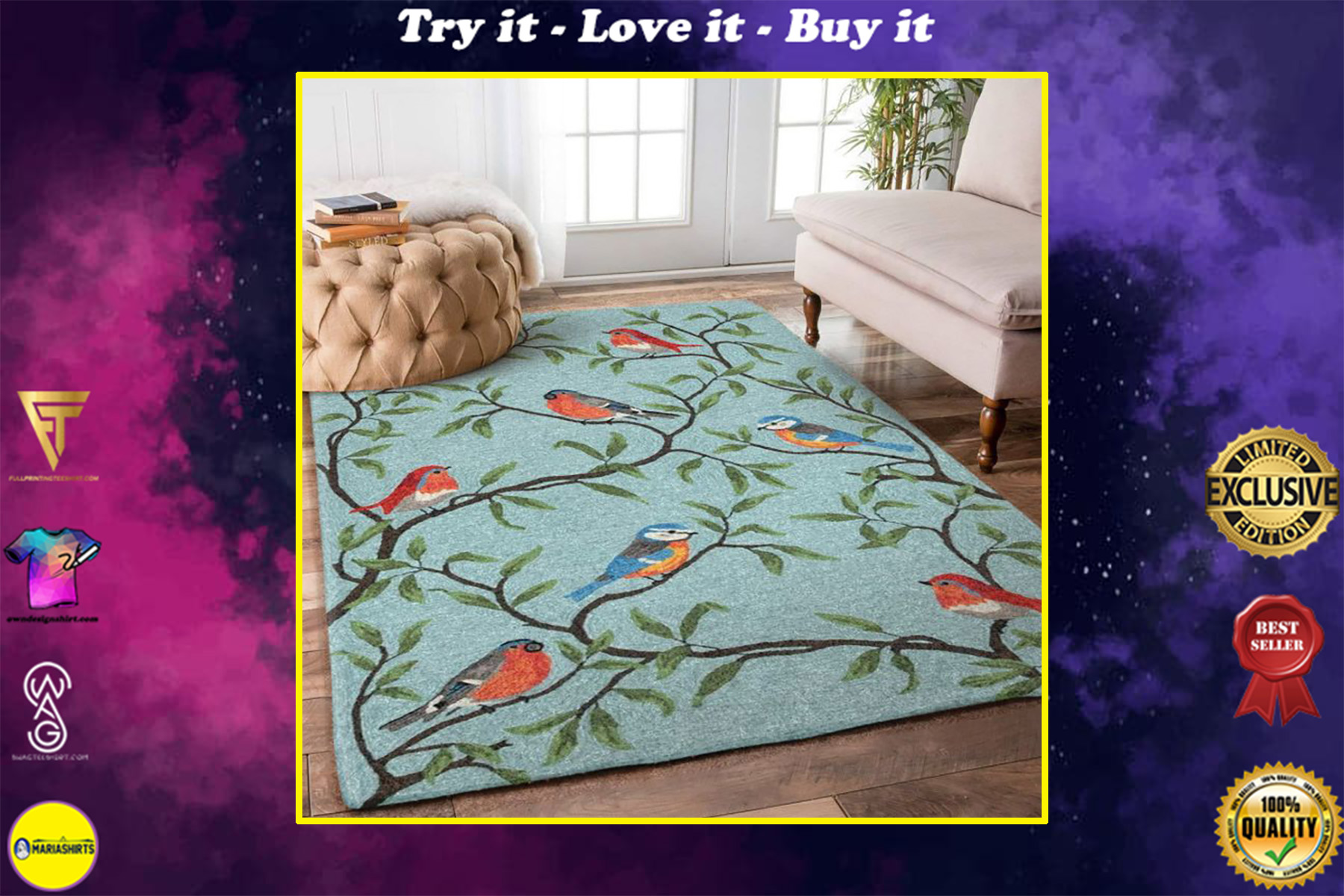 retro bird on the tree all over printed rug