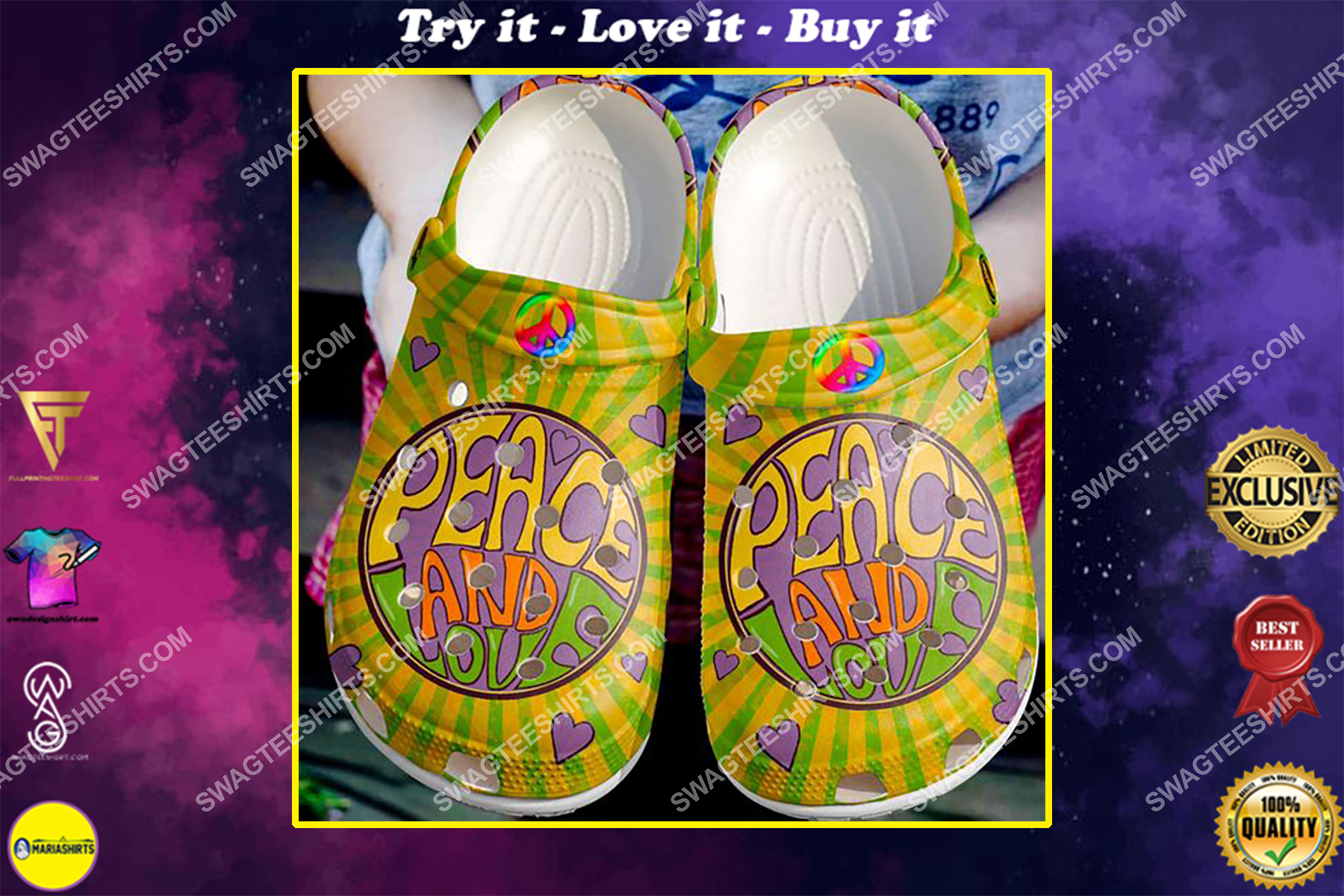 retro hippie peace and love all over printed crocs