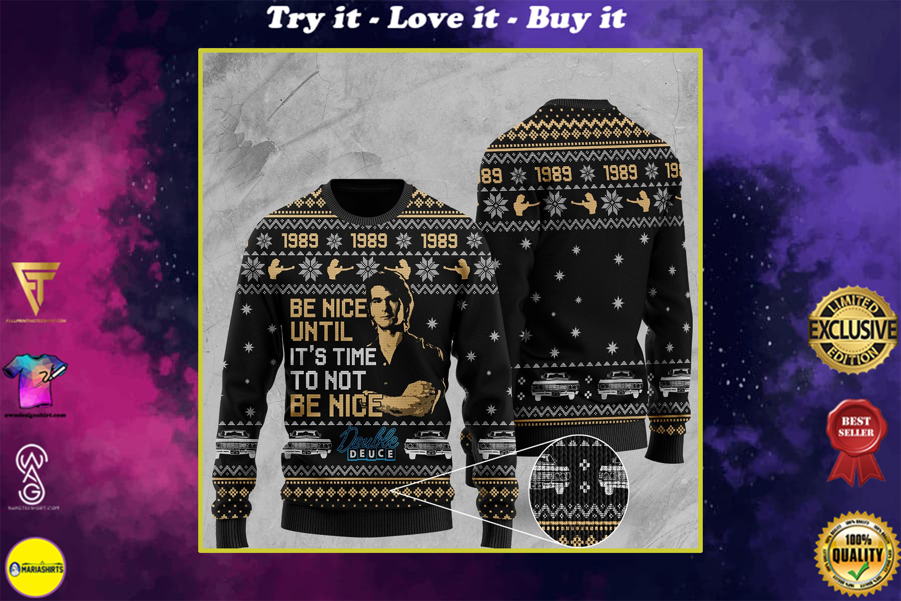 road house be nice until its time to not be nice all over printed ugly christmas sweater