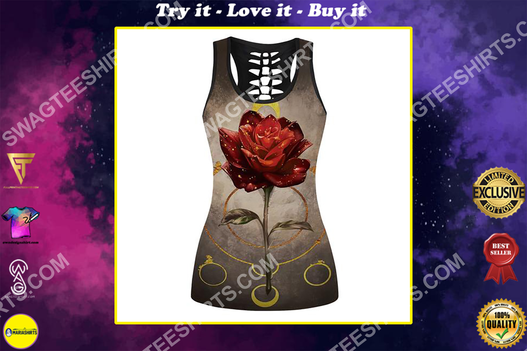 rose and moon full printing hollow tank top
