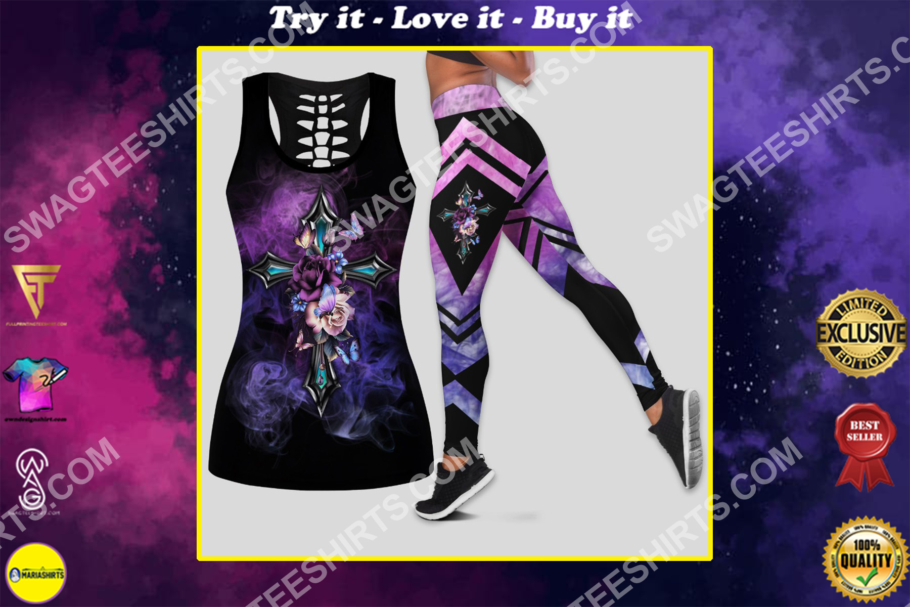 roses butterflies and cross all over printed set sports outfit
