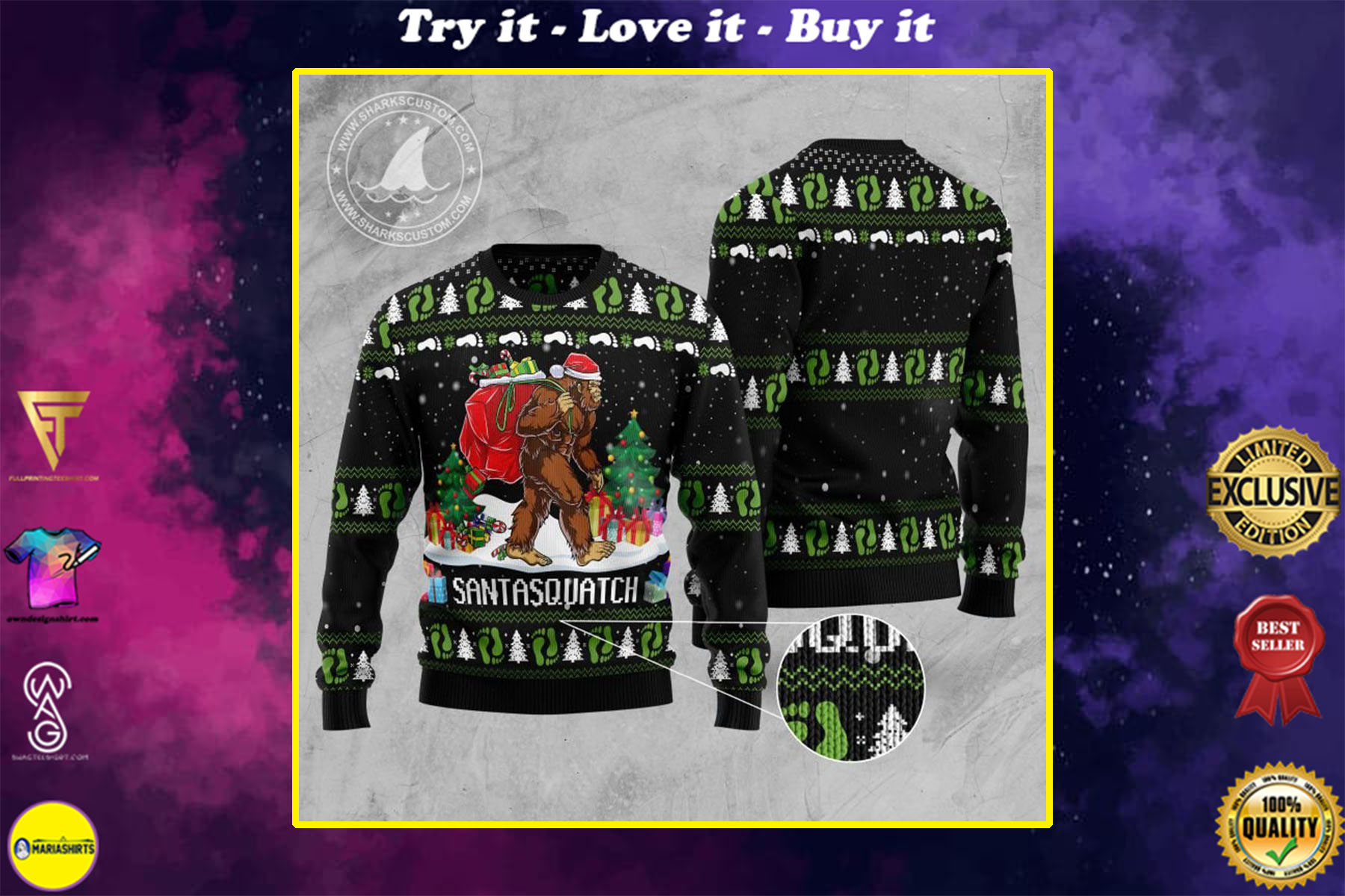 santa bigfoot santasquatch all over printed ugly christmas sweater