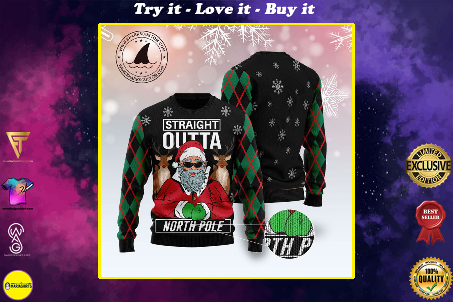santa claus straight outta north pole all over printed ugly christmas sweater