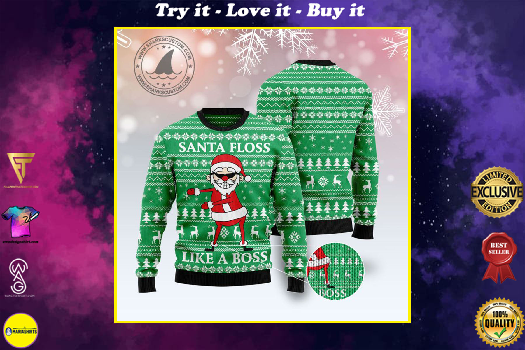 santa floss like a boss all over printed ugly christmas sweater