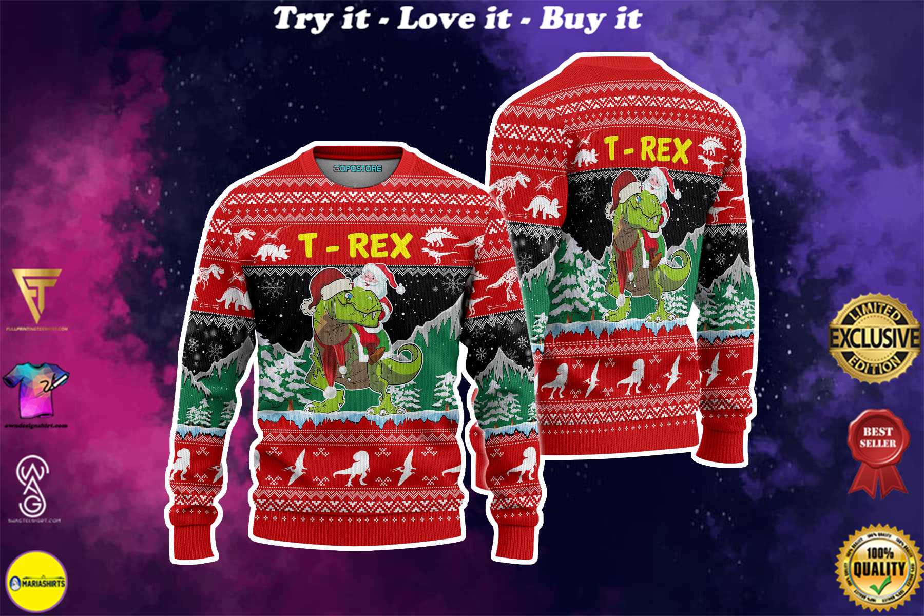 santa riding t-rex all over printed ugly christmas sweater
