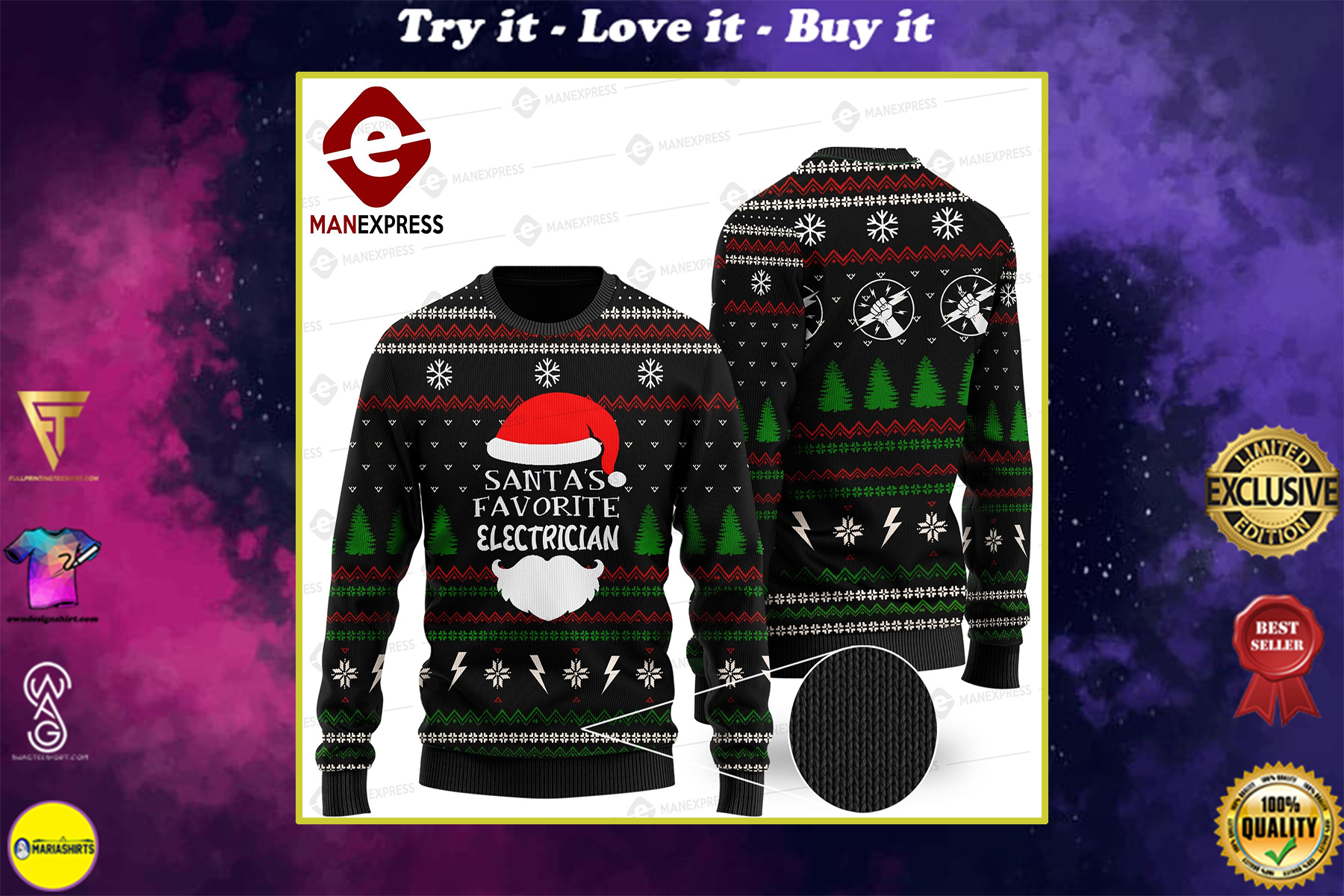 santas favorite electrician all over print ugly christmas sweater