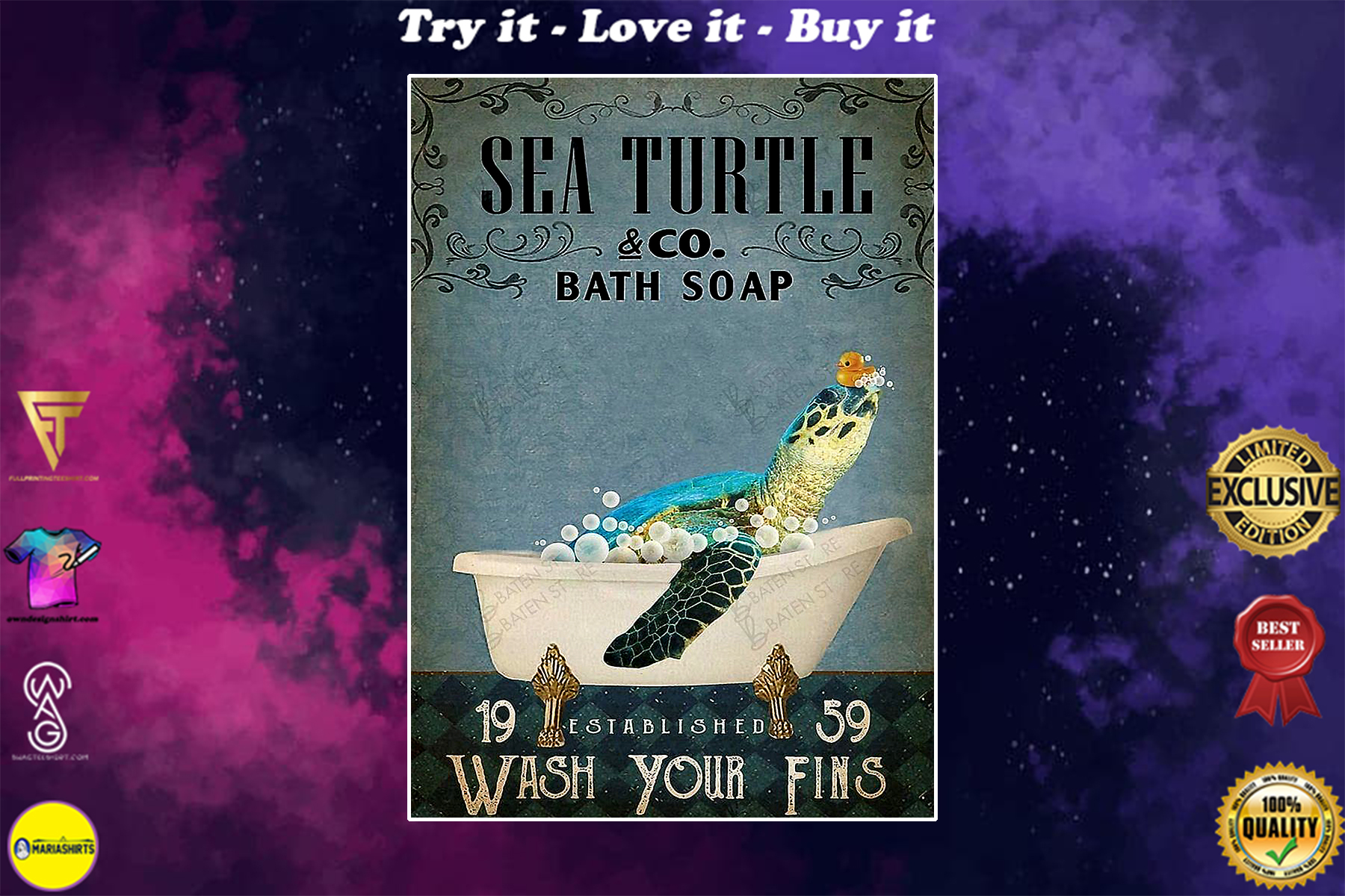 sea turtle co bath soap wash your fins vintage poster