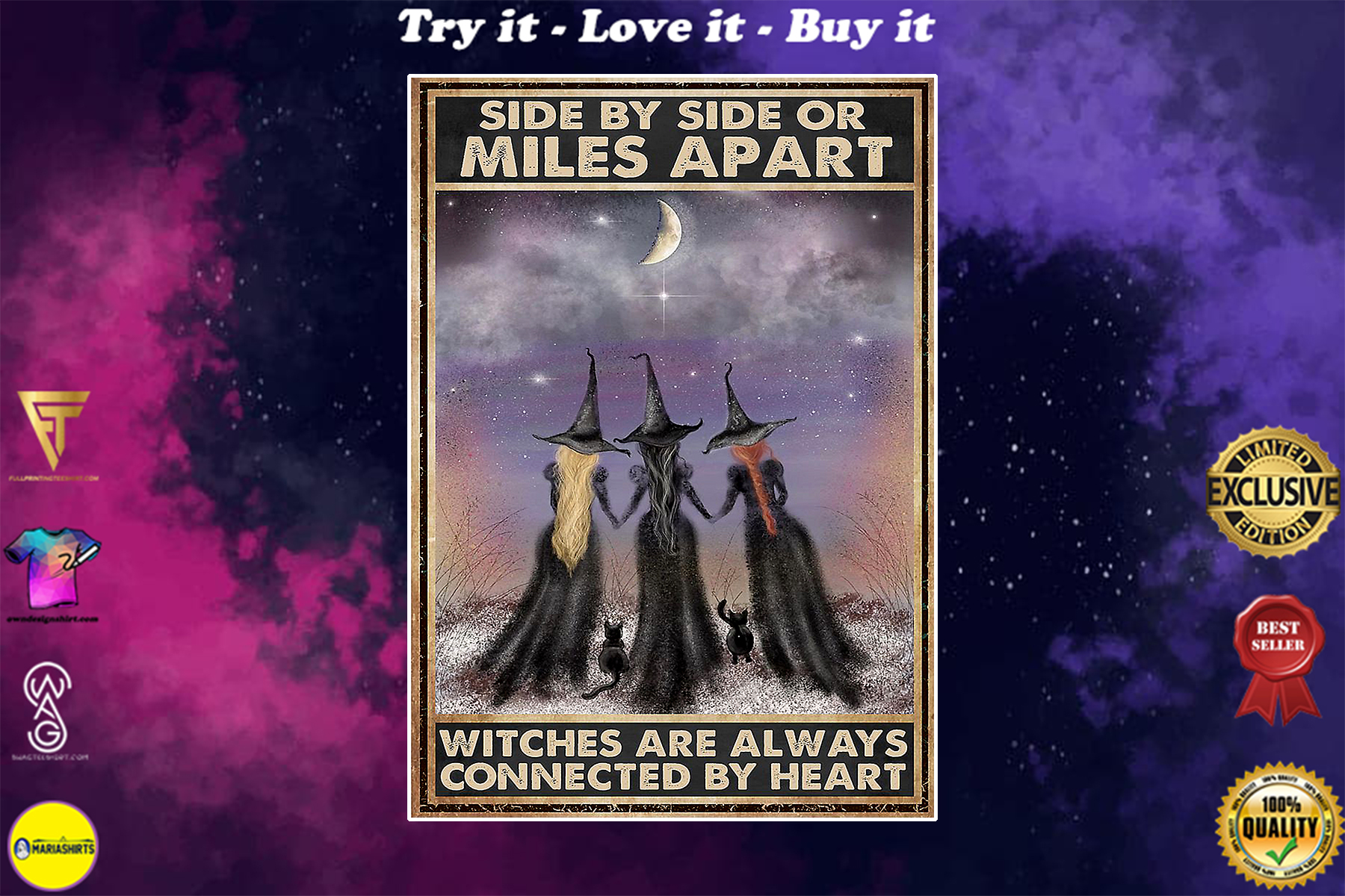 side by side or miles apart witches are always connected by heart vintage poster