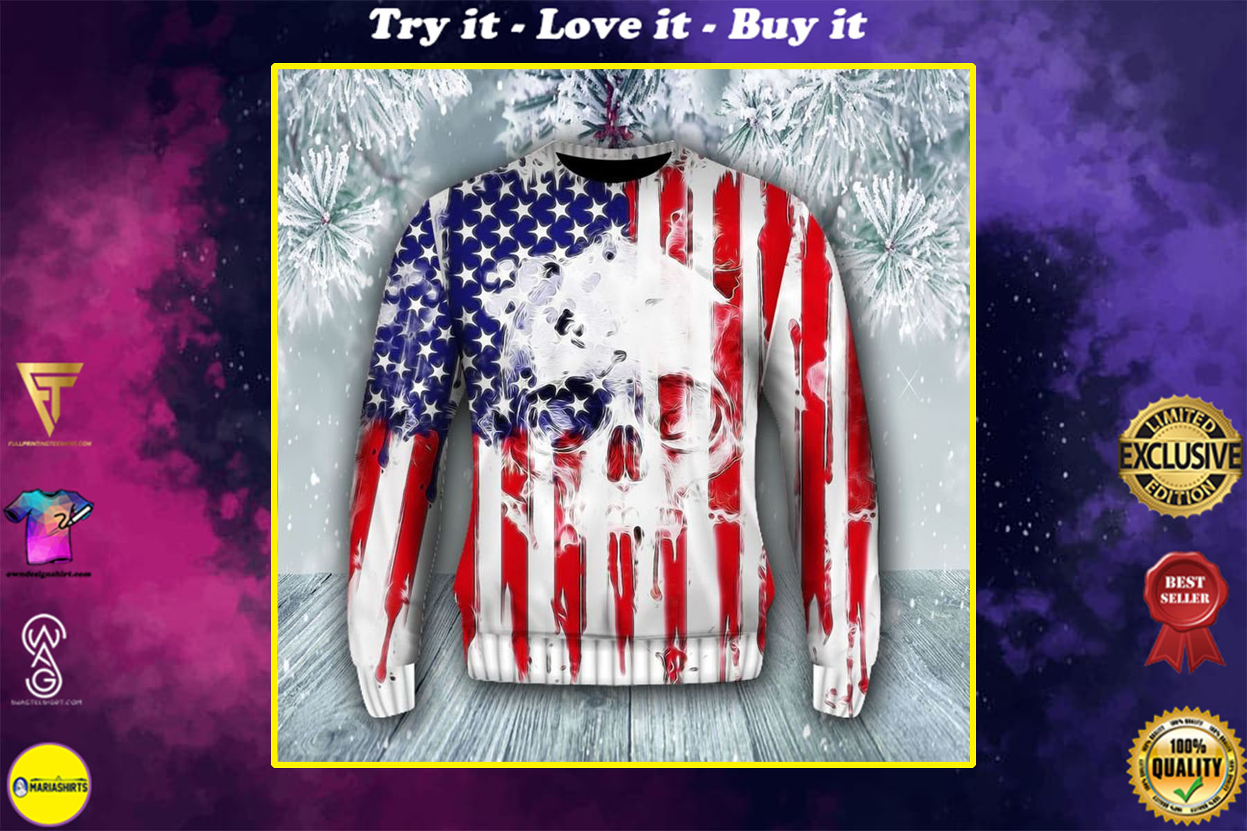 skull american flag all over printed ugly christmas sweater