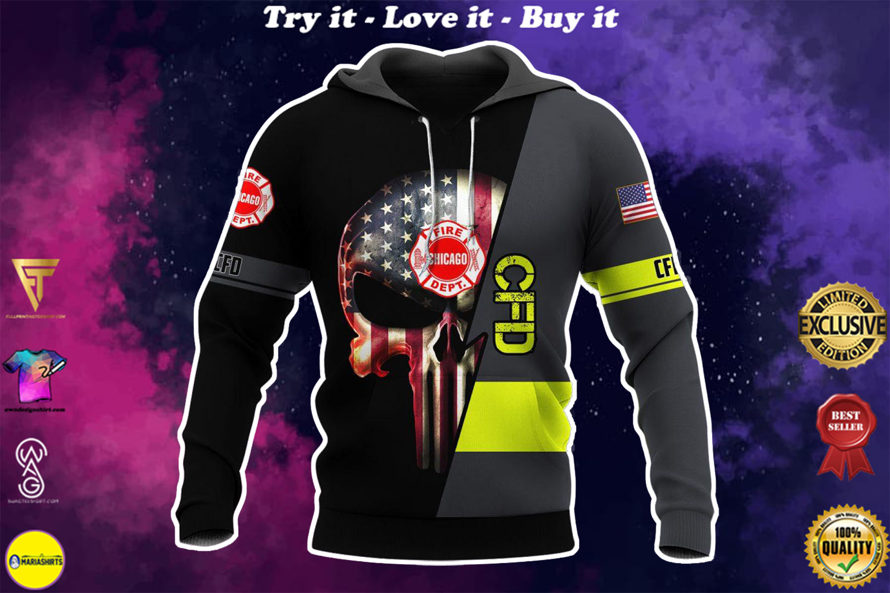skull american flag chicago fire fighter department full over printed shirt