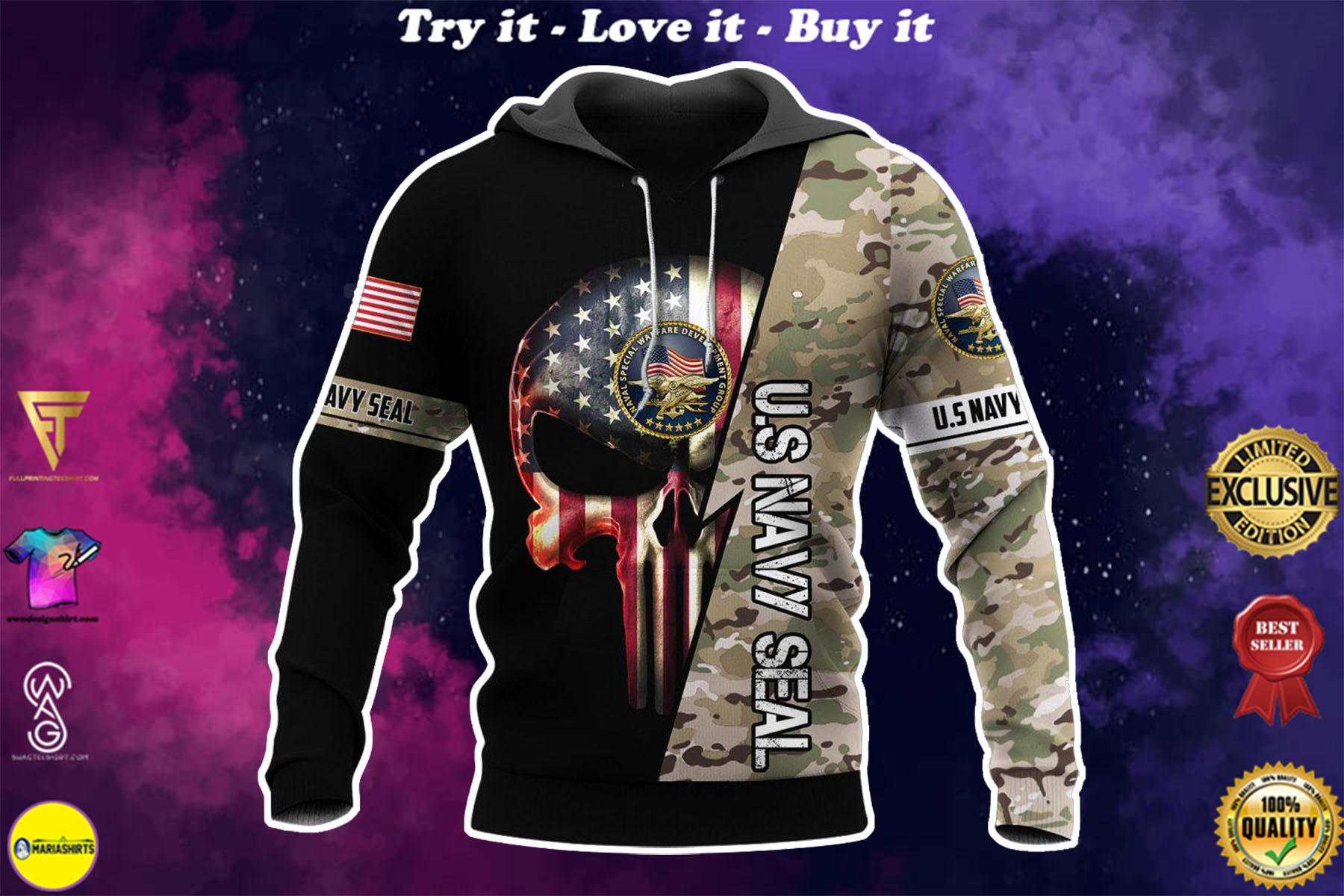 skull american flag us navy seal full over printed shirt