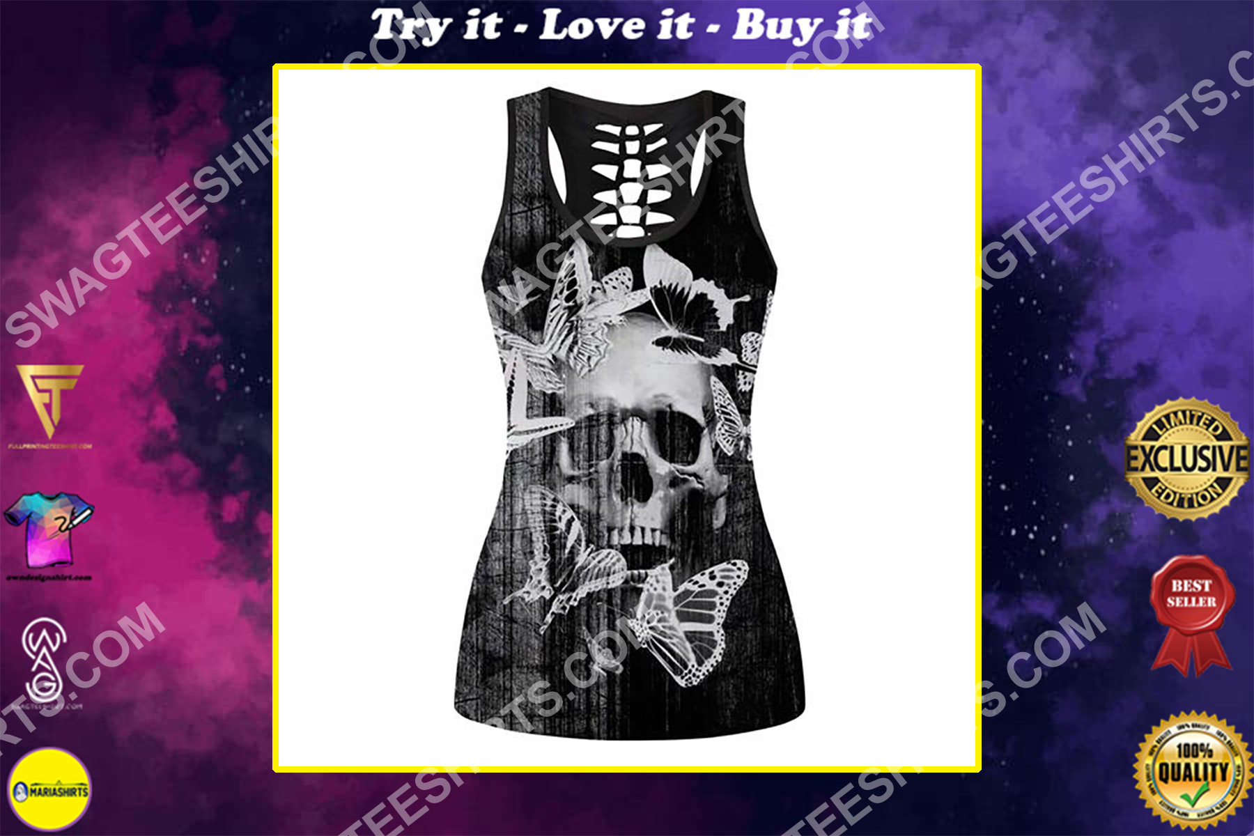 skull and butterfly full printing hollow tank top