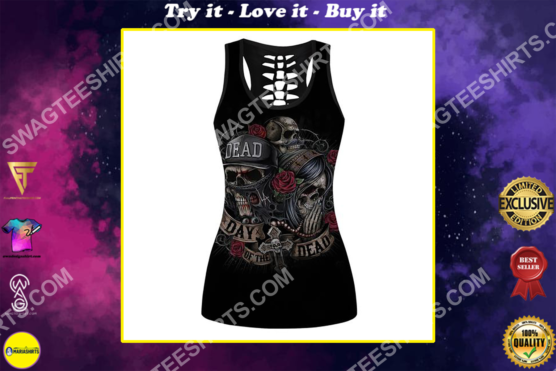 skull couple day of the dead full printing hollow tank top