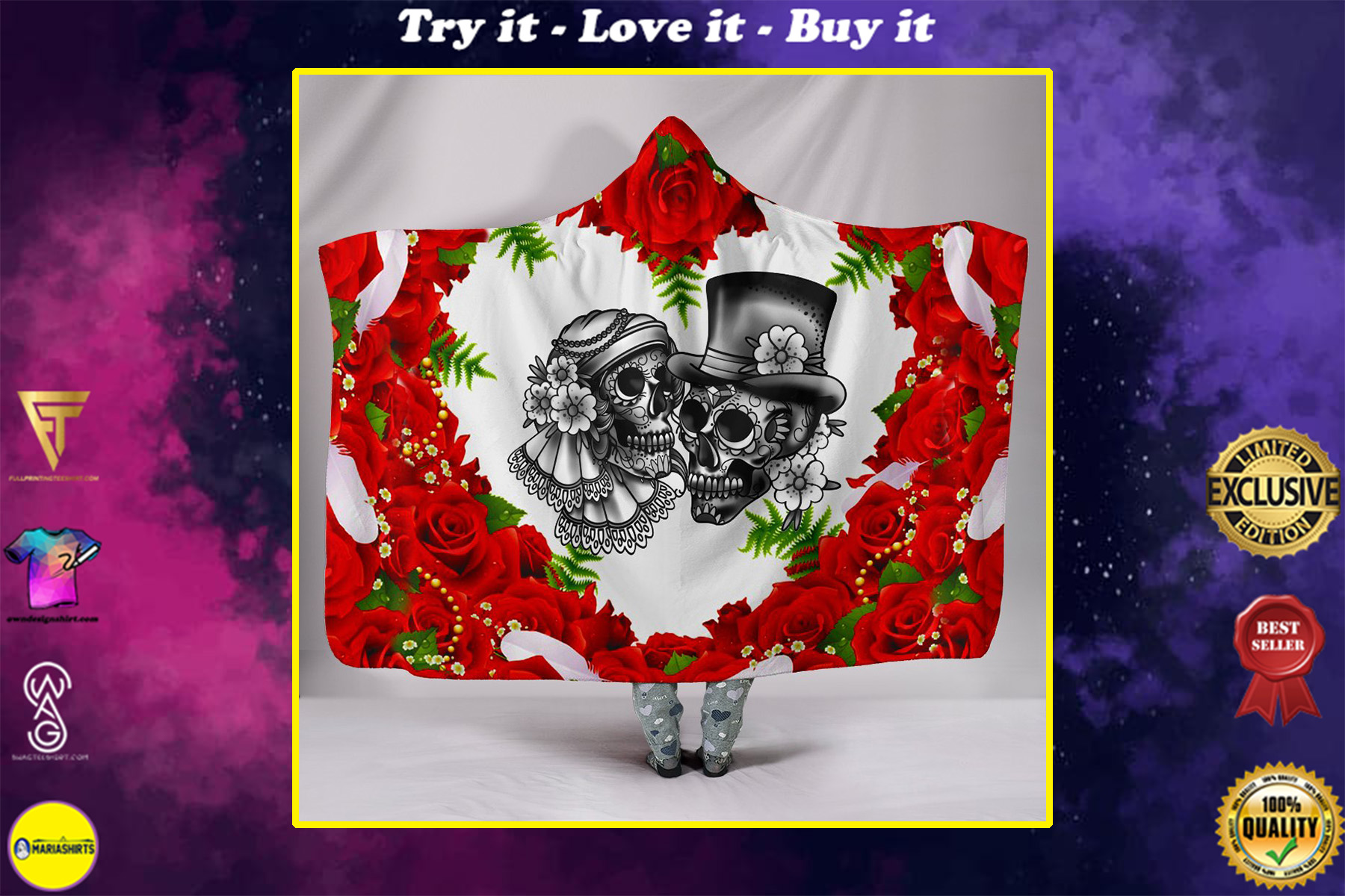 skull couple roses red all over printed hooded blanket